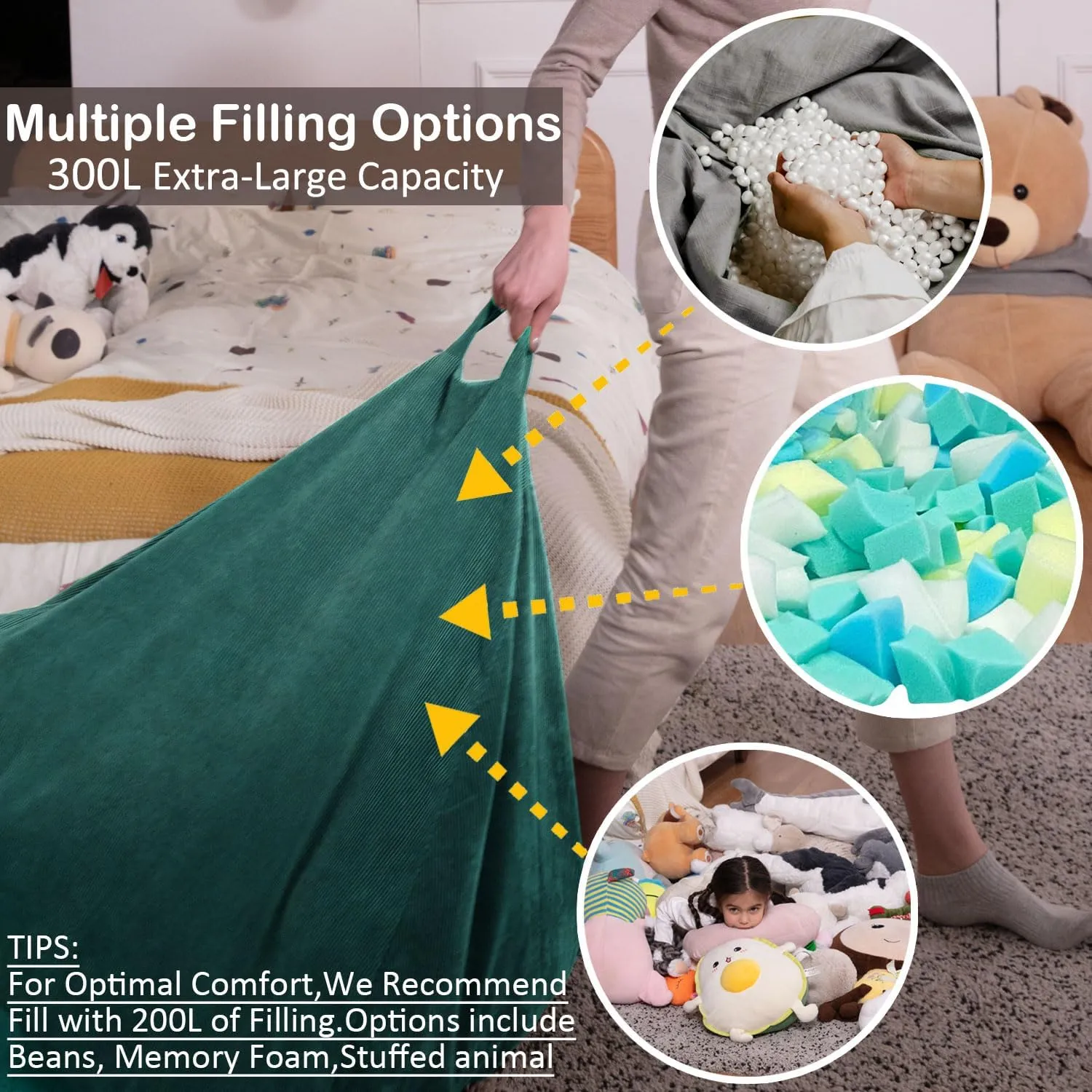 Nobildonna 3 ft Bean Bag Chair Cover (No Filler) 35"×43" Large Stuffed Animal Storage Bean Bag Washable Big Beanbag Chair Cover Premium Corduroy Bean Bag Cover for Adults,Kids,Dark Green 300L