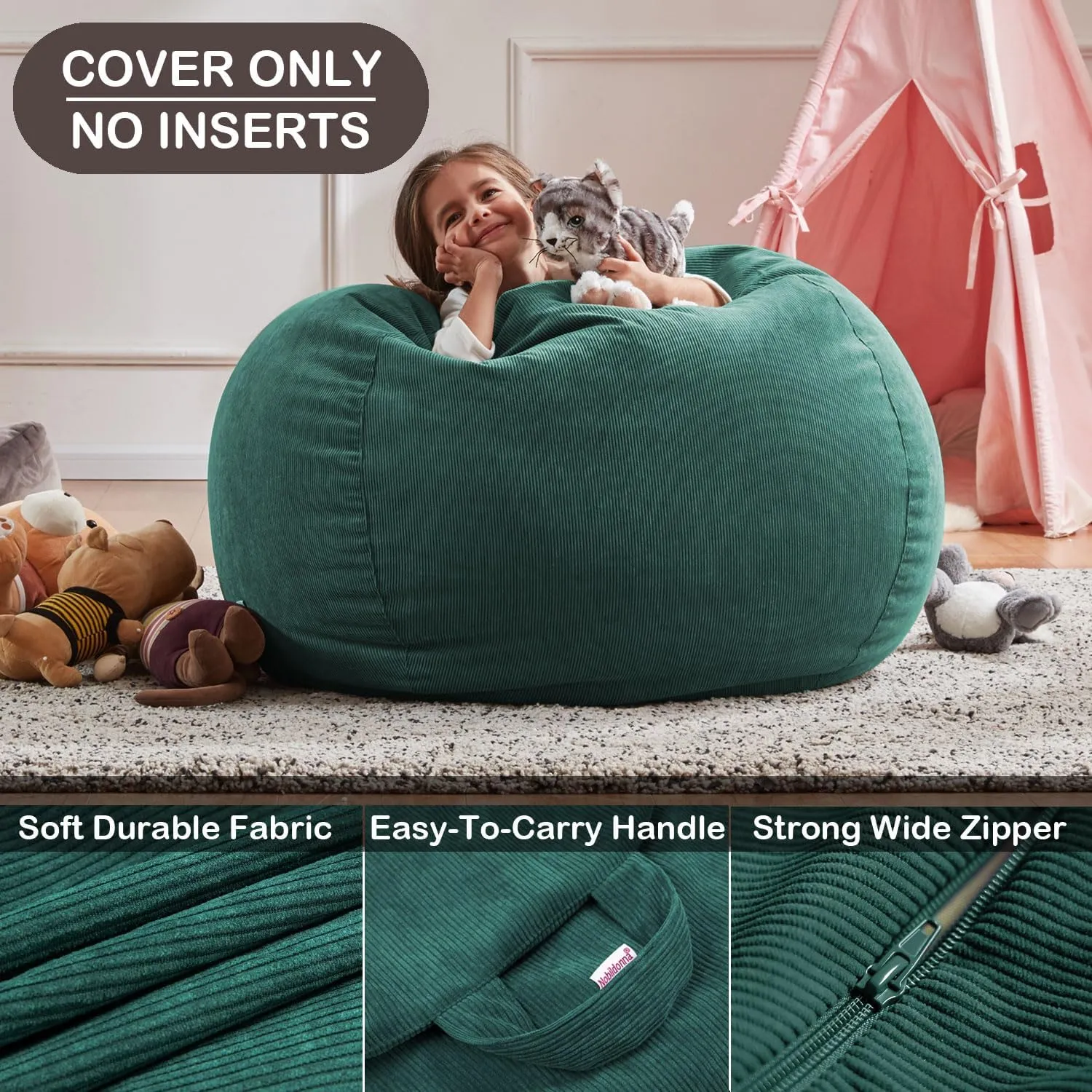 Nobildonna 3 ft Bean Bag Chair Cover (No Filler) 35"×43" Large Stuffed Animal Storage Bean Bag Washable Big Beanbag Chair Cover Premium Corduroy Bean Bag Cover for Adults,Kids,Dark Green 300L