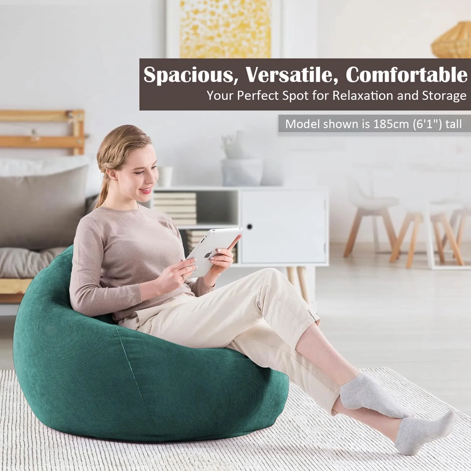 Nobildonna 3 ft Bean Bag Chair Cover (No Filler) 35"×43" Large Stuffed Animal Storage Bean Bag Washable Big Beanbag Chair Cover Premium Corduroy Bean Bag Cover for Adults,Kids,Dark Green 300L