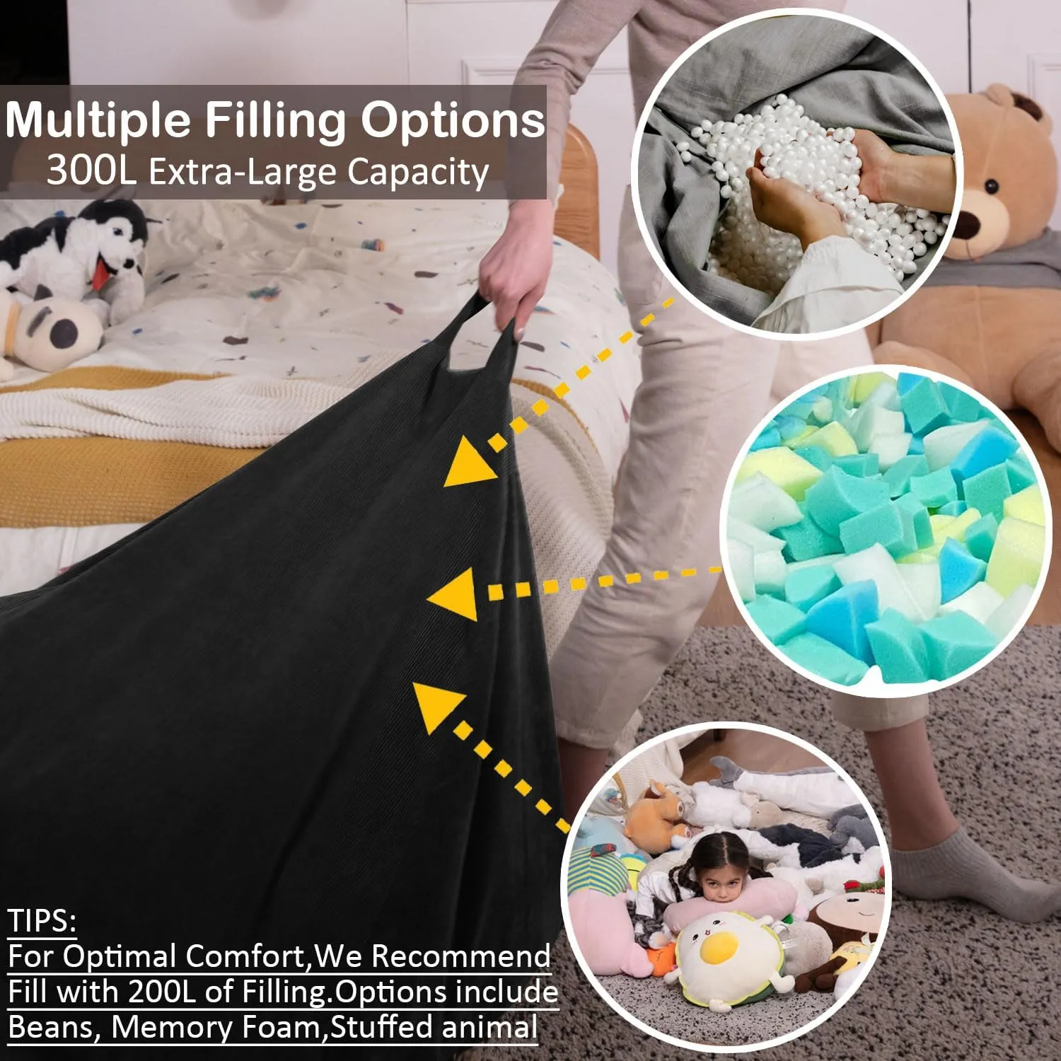 Nobildonna 3 ft Bean Bag Chair Cover (No Filler) 35"×43" Large Stuffed Animal Storage Bean Bag Washable Big Beanbag Chair Cover Premium Corduroy Stuffable Bean Bag Cover for Adults,Kids,Black 300L