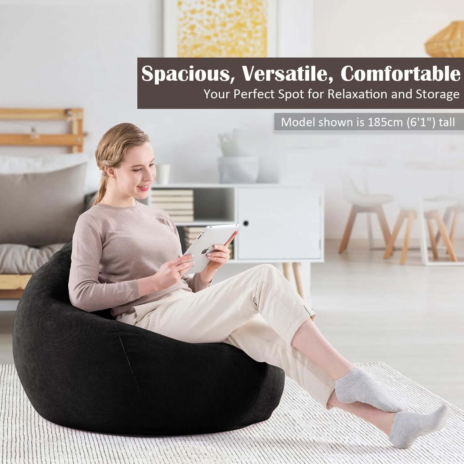 Nobildonna 3 ft Bean Bag Chair Cover (No Filler) 35"×43" Large Stuffed Animal Storage Bean Bag Washable Big Beanbag Chair Cover Premium Corduroy Stuffable Bean Bag Cover for Adults,Kids,Black 300L