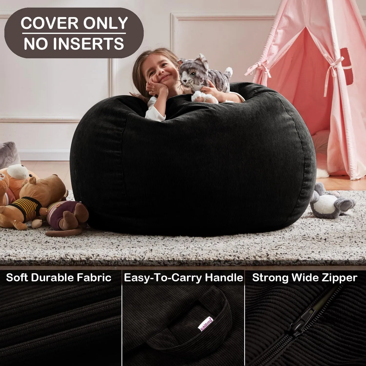 Nobildonna 3 ft Bean Bag Chair Cover (No Filler) 35"×43" Large Stuffed Animal Storage Bean Bag Washable Big Beanbag Chair Cover Premium Corduroy Stuffable Bean Bag Cover for Adults,Kids,Black 300L