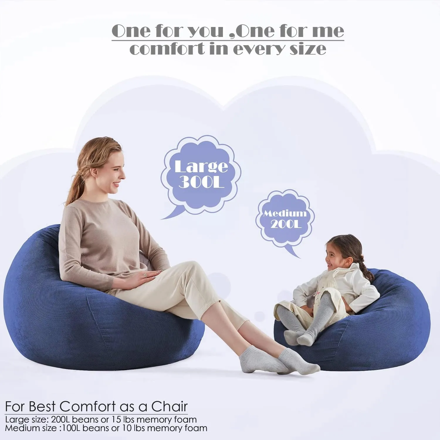 Nobildonna 3 ft Bean Bag Chair Cover (No Filler) 35"×43" Large Stuffed Animal Storage Bean Bag Washable Big Beanbag Chair Cover Premium Corduroy Stuffable Bean Bag Cover for Adults,Kids,Blue 300L
