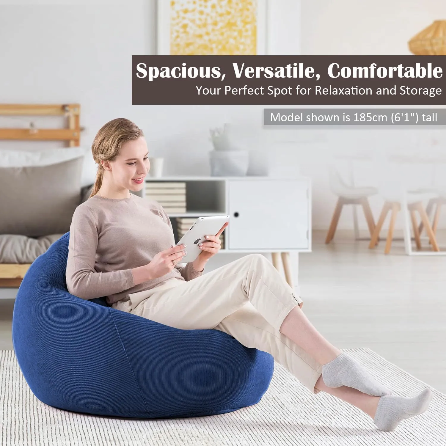 Nobildonna 3 ft Bean Bag Chair Cover (No Filler) 35"×43" Large Stuffed Animal Storage Bean Bag Washable Big Beanbag Chair Cover Premium Corduroy Stuffable Bean Bag Cover for Adults,Kids,Blue 300L