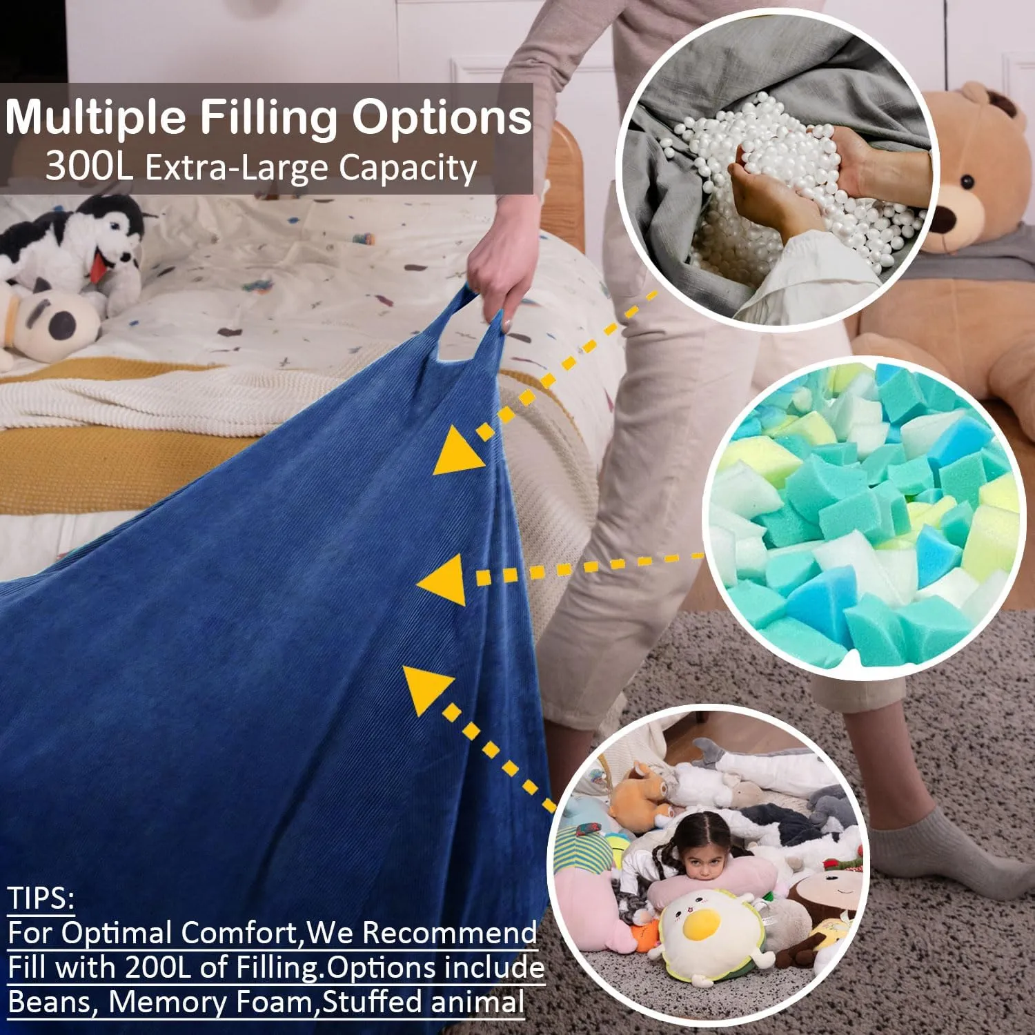 Nobildonna 3 ft Bean Bag Chair Cover (No Filler) 35"×43" Large Stuffed Animal Storage Bean Bag Washable Big Beanbag Chair Cover Premium Corduroy Stuffable Bean Bag Cover for Adults,Kids,Blue 300L