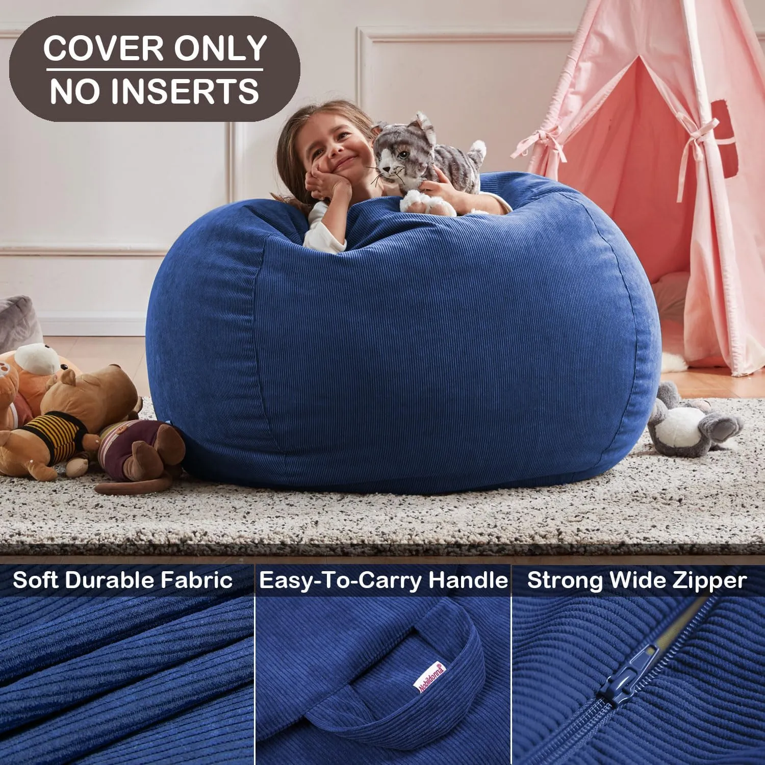 Nobildonna 3 ft Bean Bag Chair Cover (No Filler) 35"×43" Large Stuffed Animal Storage Bean Bag Washable Big Beanbag Chair Cover Premium Corduroy Stuffable Bean Bag Cover for Adults,Kids,Blue 300L