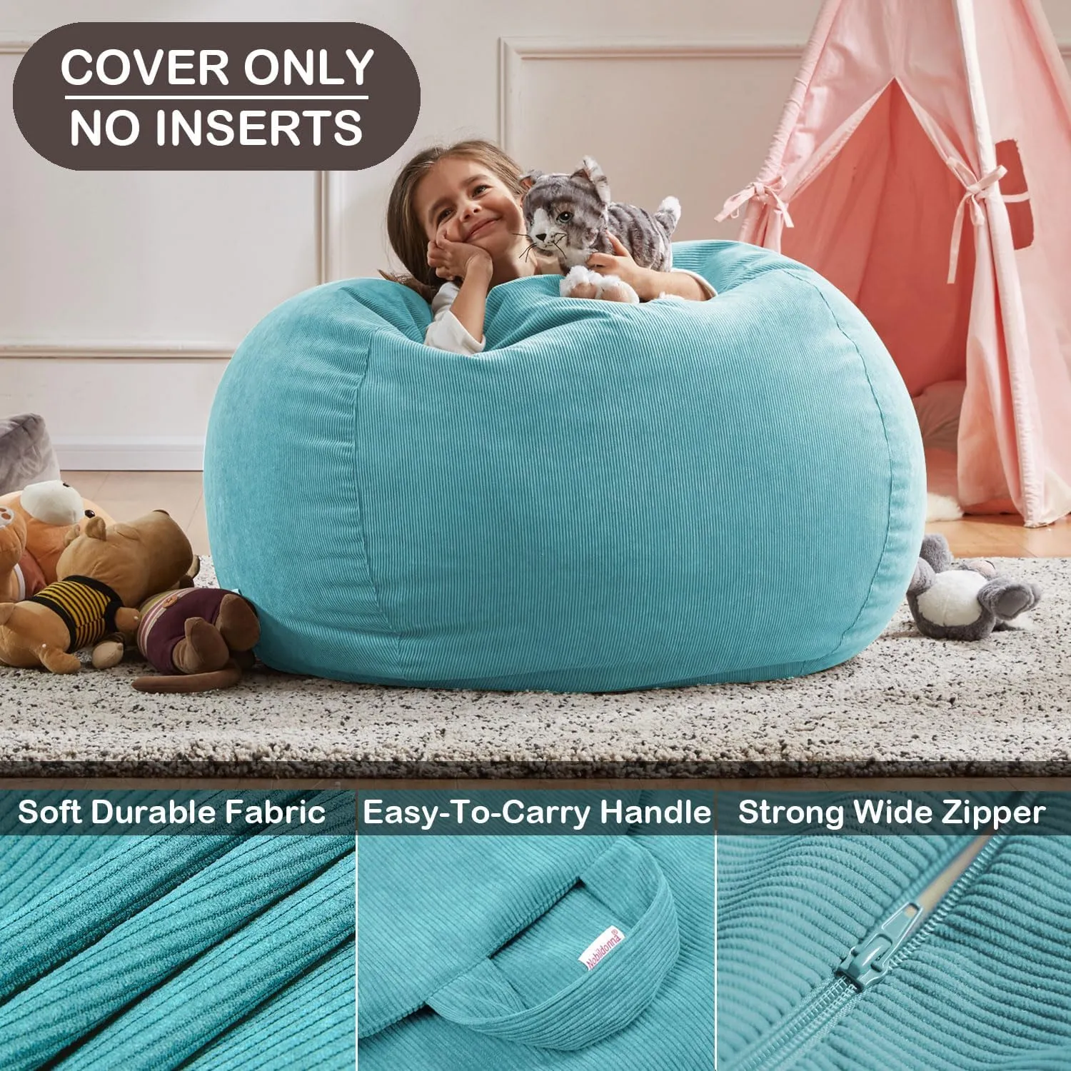 Nobildonna 3 ft Bean Bag Chair Cover (No Filler) 35"×43" Large Stuffed Animal Storage Bean Bag Washable Big Beanbag Chair Cover Premium Corduroy Stuffable Bean Bag Cover for Adults,Kids,Cyan 300L