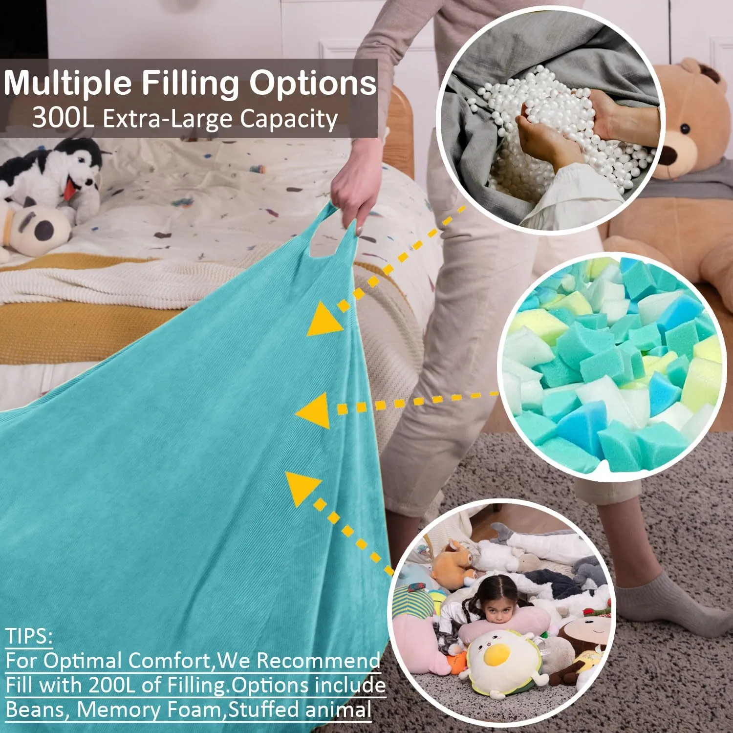 Nobildonna 3 ft Bean Bag Chair Cover (No Filler) 35"×43" Large Stuffed Animal Storage Bean Bag Washable Big Beanbag Chair Cover Premium Corduroy Stuffable Bean Bag Cover for Adults,Kids,Cyan 300L