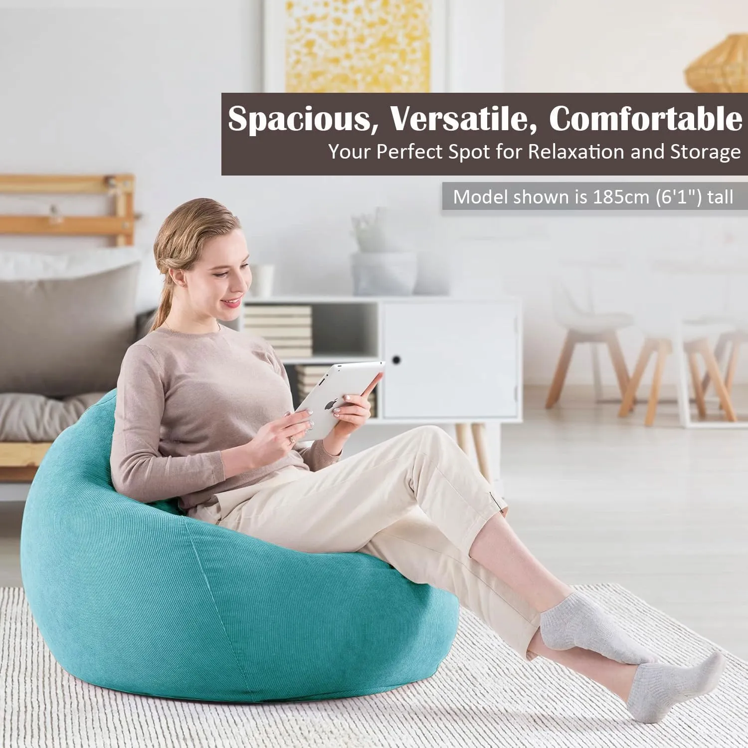Nobildonna 3 ft Bean Bag Chair Cover (No Filler) 35"×43" Large Stuffed Animal Storage Bean Bag Washable Big Beanbag Chair Cover Premium Corduroy Stuffable Bean Bag Cover for Adults,Kids,Cyan 300L
