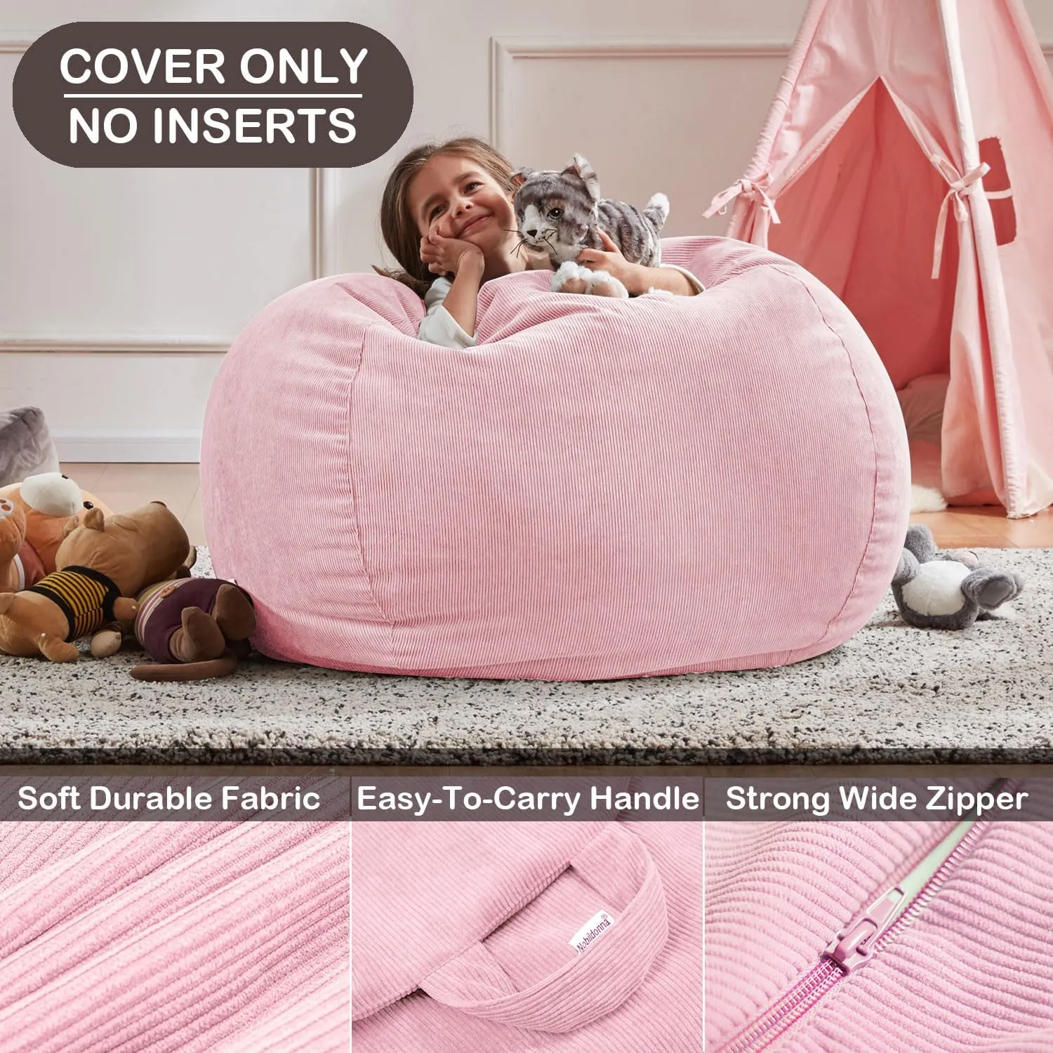 Nobildonna 3 ft Bean Bag Chair Cover (No Filler) 35"×43" Large Stuffed Animal Storage Bean Bag Washable Big Beanbag Chair Cover Premium Corduroy Stuffable Bean Bag Cover for Adults,Kids,Pink 300L