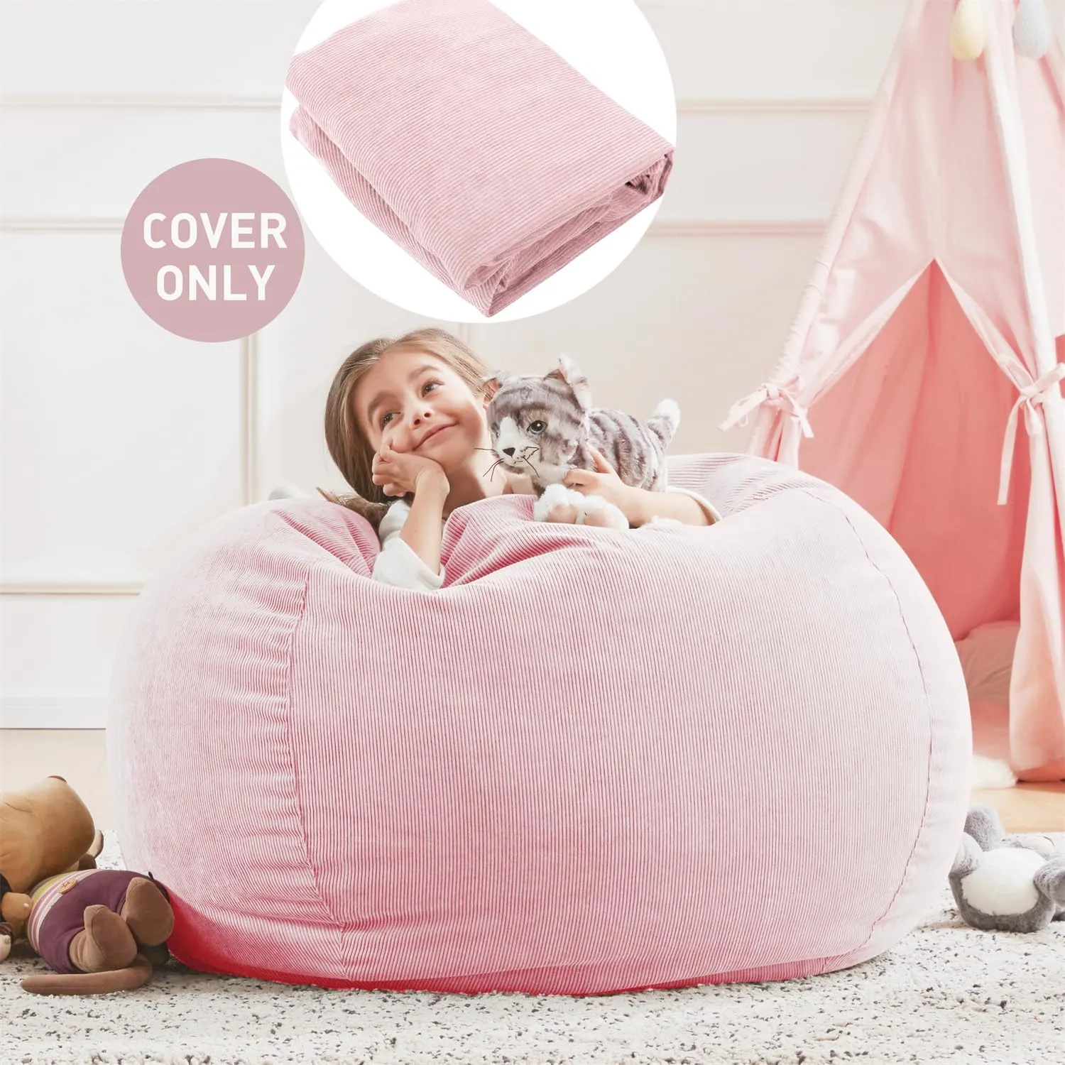 Nobildonna 3 ft Bean Bag Chair Cover (No Filler) 35"×43" Large Stuffed Animal Storage Bean Bag Washable Big Beanbag Chair Cover Premium Corduroy Stuffable Bean Bag Cover for Adults,Kids,Pink 300L