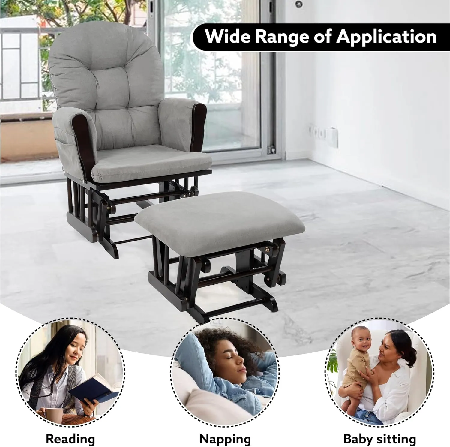 Nursery Glider & Ottoman Sets, Reclining Glider Rocker with Ottoman, Nursery Rocking Breastfeeding Maternity Chair for Baby Room, Recliner Glider with Ottoman, Padded Arms - Espresso, Dark Gray