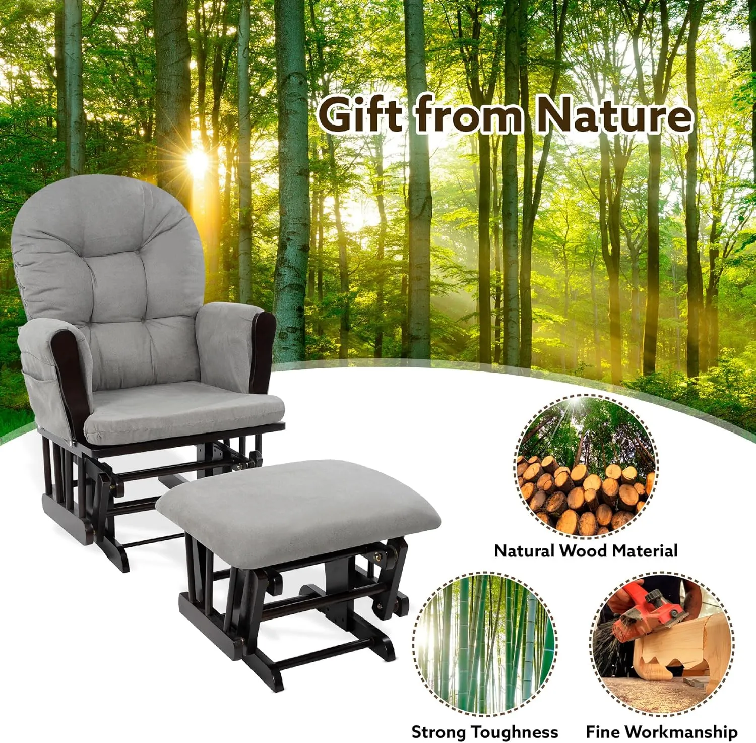Nursery Glider & Ottoman Sets, Reclining Glider Rocker with Ottoman, Nursery Rocking Breastfeeding Maternity Chair for Baby Room, Recliner Glider with Ottoman, Padded Arms - Espresso, Dark Gray