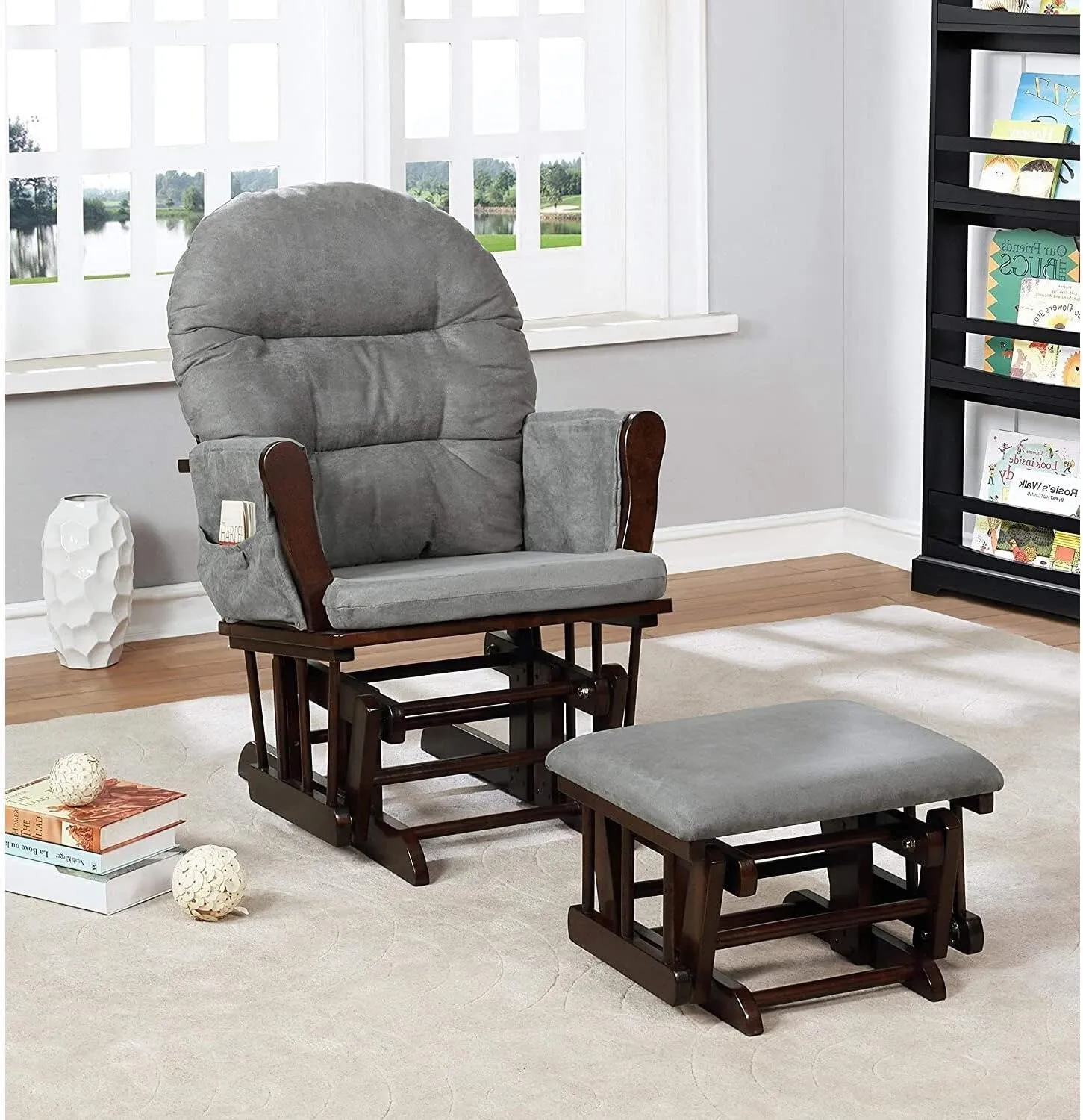 Nursery Glider & Ottoman Sets, Reclining Glider Rocker with Ottoman, Nursery Rocking Breastfeeding Maternity Chair for Baby Room, Recliner Glider with Ottoman, Padded Arms - Espresso, Dark Gray