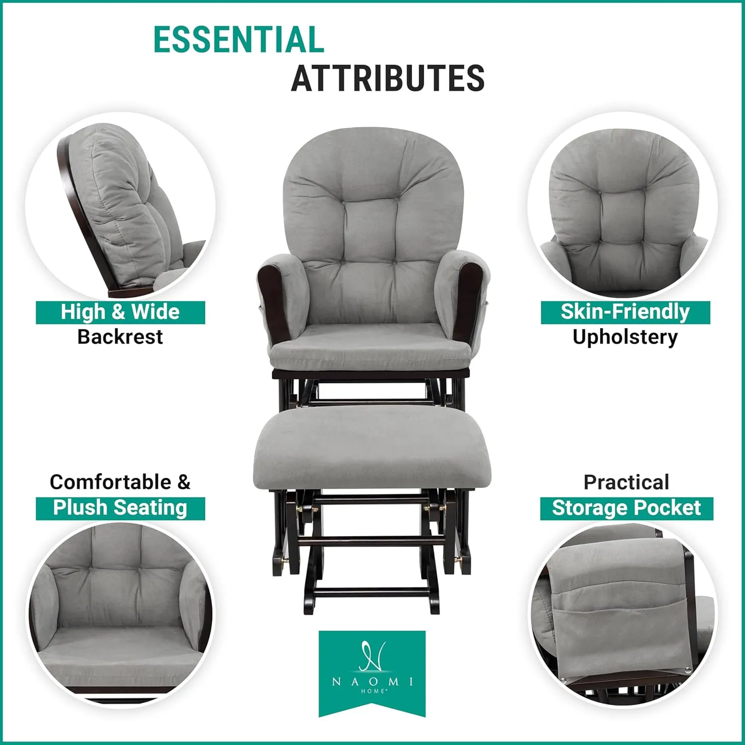 Nursery Glider & Ottoman Sets, Reclining Glider Rocker with Ottoman, Nursery Rocking Breastfeeding Maternity Chair for Baby Room, Recliner Glider with Ottoman, Padded Arms - Espresso, Dark Gray