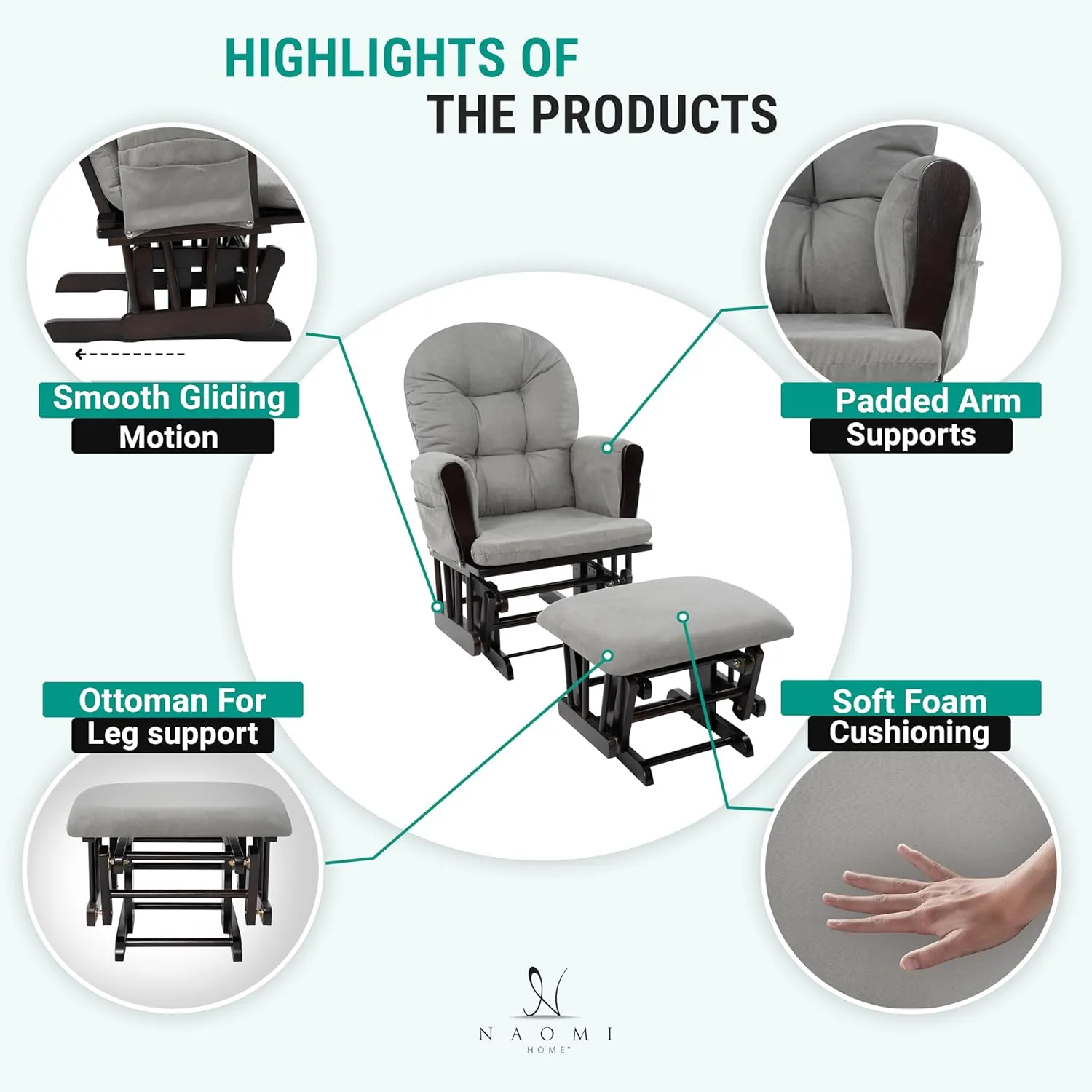 Nursery Glider & Ottoman Sets, Reclining Glider Rocker with Ottoman, Nursery Rocking Breastfeeding Maternity Chair for Baby Room, Recliner Glider with Ottoman, Padded Arms - Espresso, Dark Gray