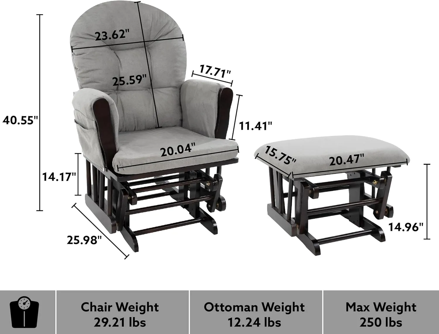 Nursery Glider & Ottoman Sets, Reclining Glider Rocker with Ottoman, Nursery Rocking Breastfeeding Maternity Chair for Baby Room, Recliner Glider with Ottoman, Padded Arms - Espresso, Dark Gray
