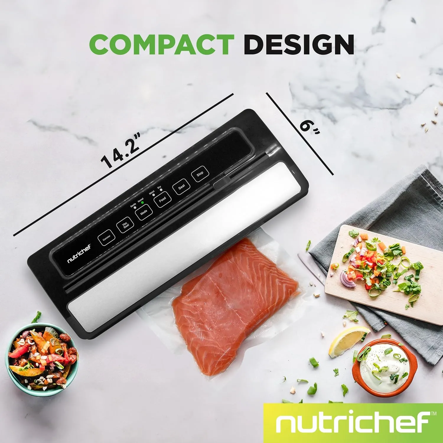 NutriChef Food Vacuum Sealer Machine, Stainless Steel & ABS Body, Automatic Sealing System for Dry and Moist Foods, LED Touch Controls, Includes Bags, Hose & Roll Cutter, 110W Suction Power, 14"x6"