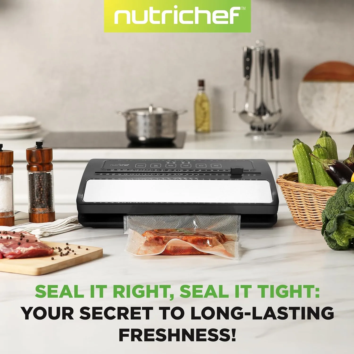 NutriChef Food Vacuum Sealer Machine, Stainless Steel & ABS Body, Automatic Sealing System for Dry and Moist Foods, LED Touch Controls, Includes Bags, Hose & Roll Cutter, 110W Suction Power, 14"x6"