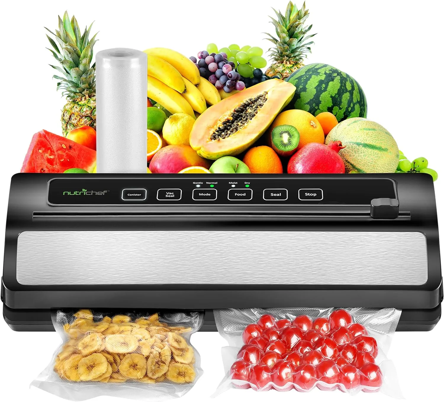 NutriChef Food Vacuum Sealer Machine, Stainless Steel & ABS Body, Automatic Sealing System for Dry and Moist Foods, LED Touch Controls, Includes Bags, Hose & Roll Cutter, 110W Suction Power, 14"x6"
