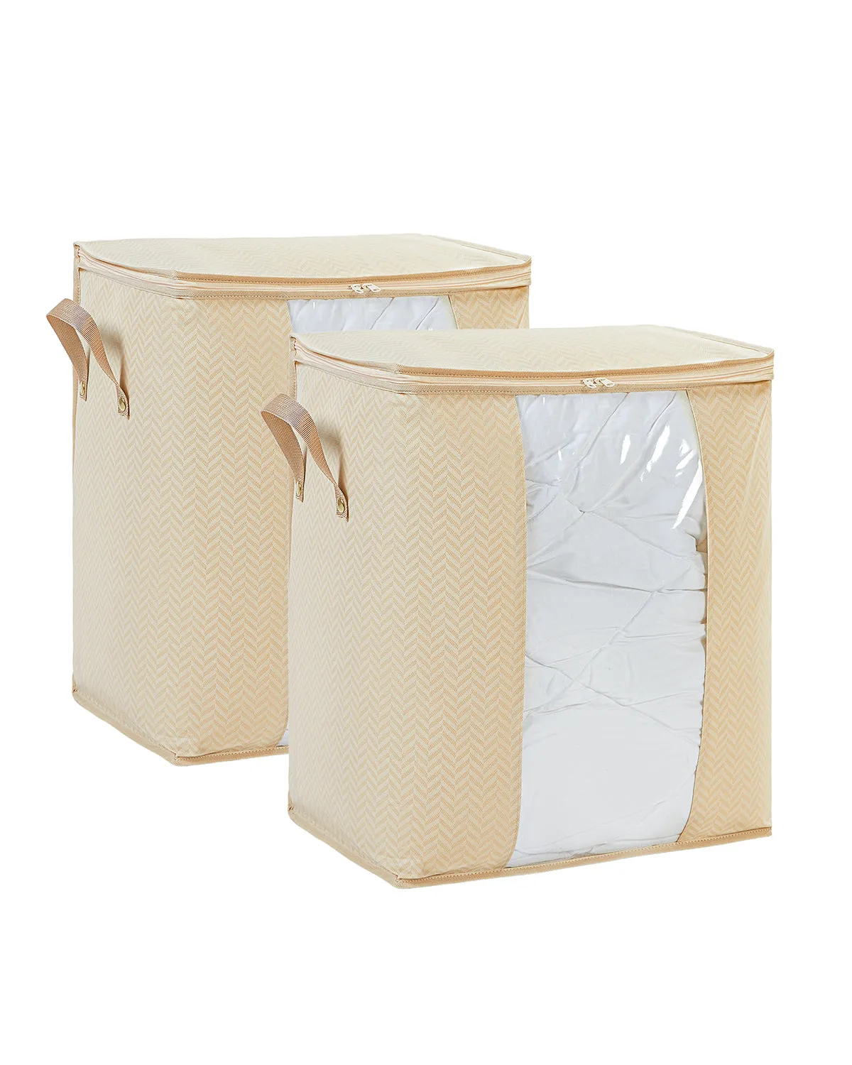 Ocean Home Textile Storage Bag With Clear Window, Set Of 2, Herringbone Pattern, Beige