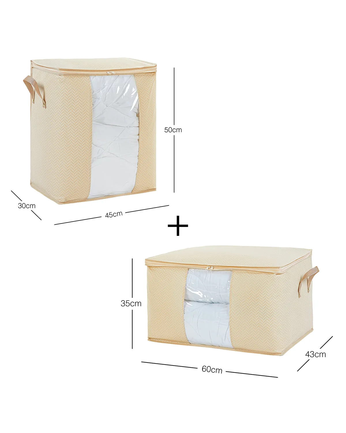Ocean Home Textile Storage Bag With Clear Window, Set Of 2, Herringbone Pattern, Beige