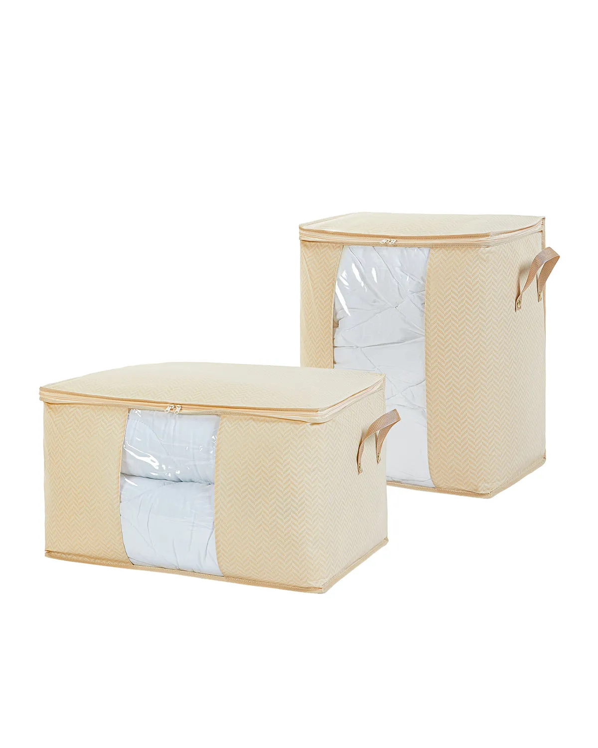 Ocean Home Textile Storage Bag With Clear Window, Set Of 2, Herringbone Pattern, Beige