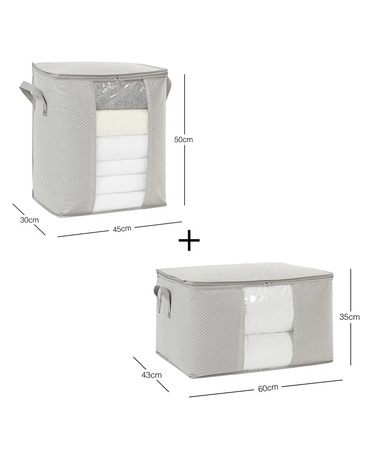 Ocean Home Textile Storage Bag With Clear Window, Set Of 2, Herringbone Pattern, Grey