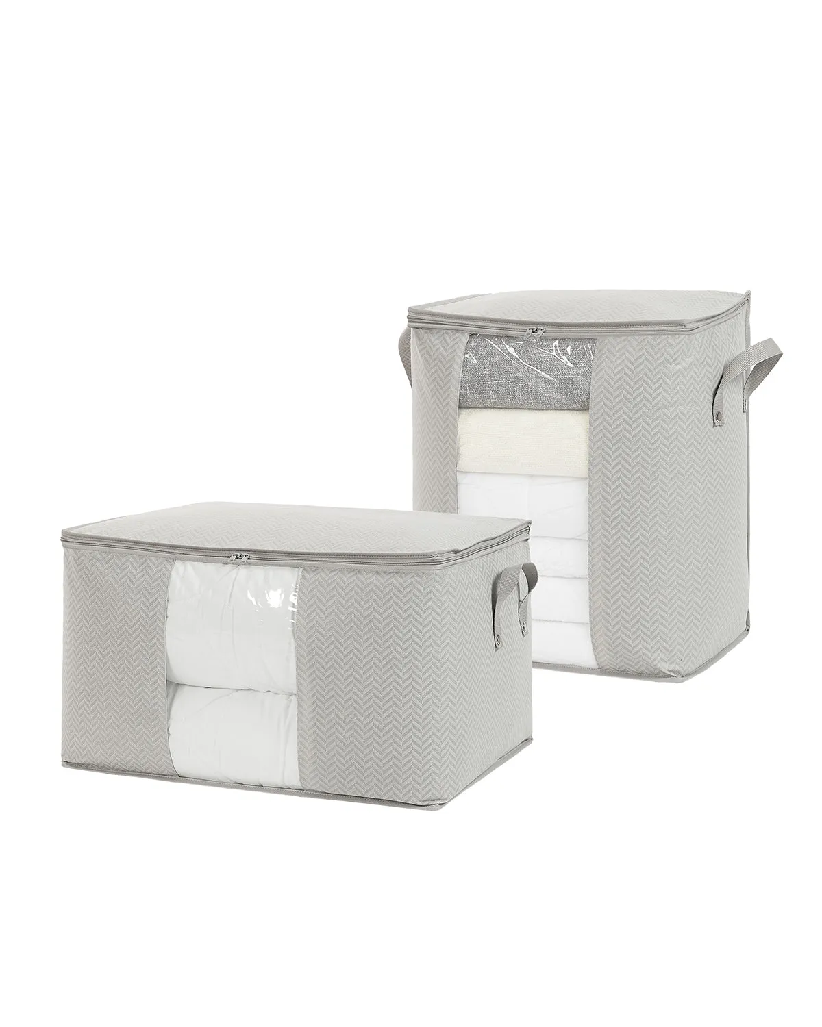 Ocean Home Textile Storage Bag With Clear Window, Set Of 2, Herringbone Pattern, Grey