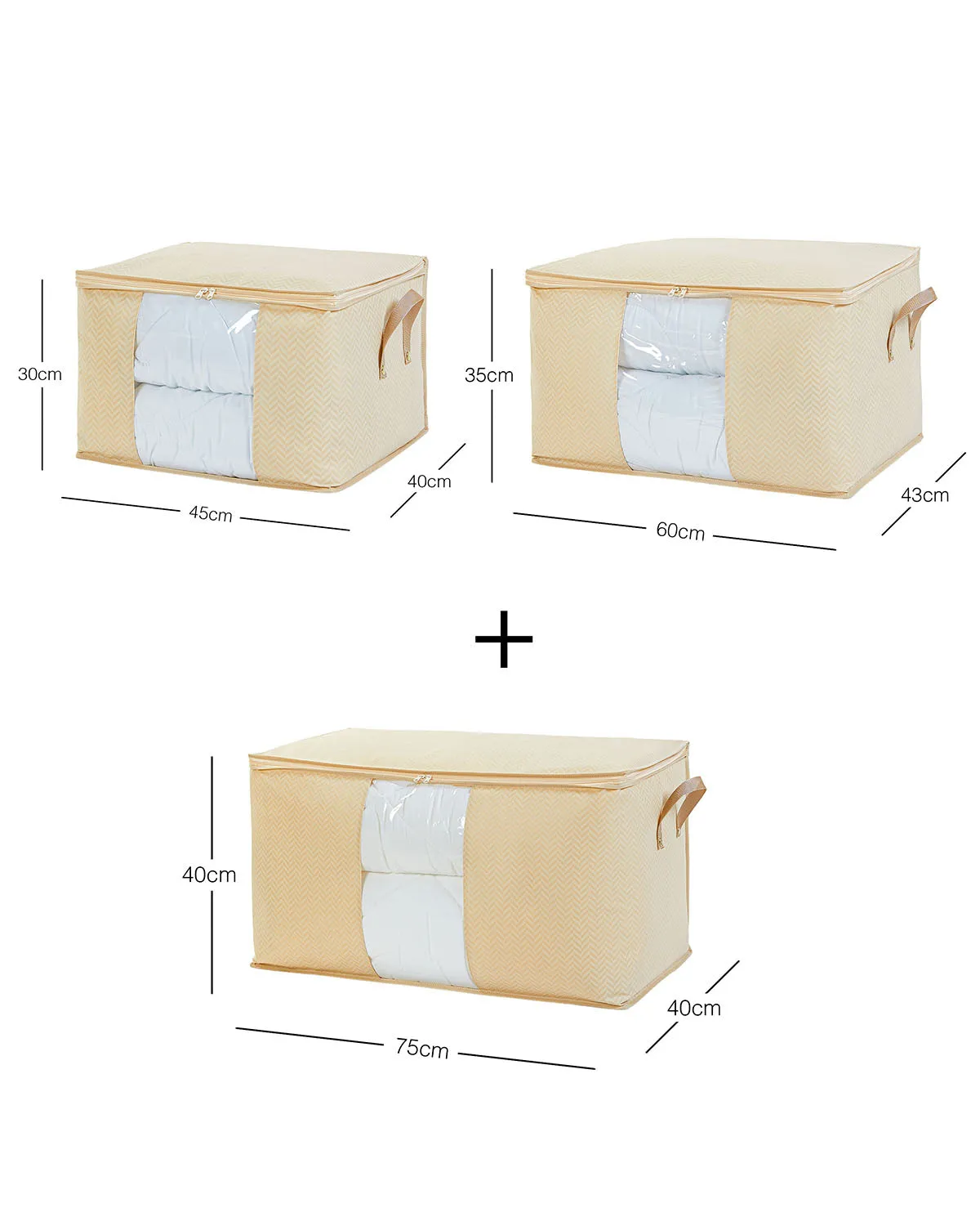 Ocean Home Textile Storage Bag With Clear Window, Set Of 3, Herringbone Pattern, Beige
