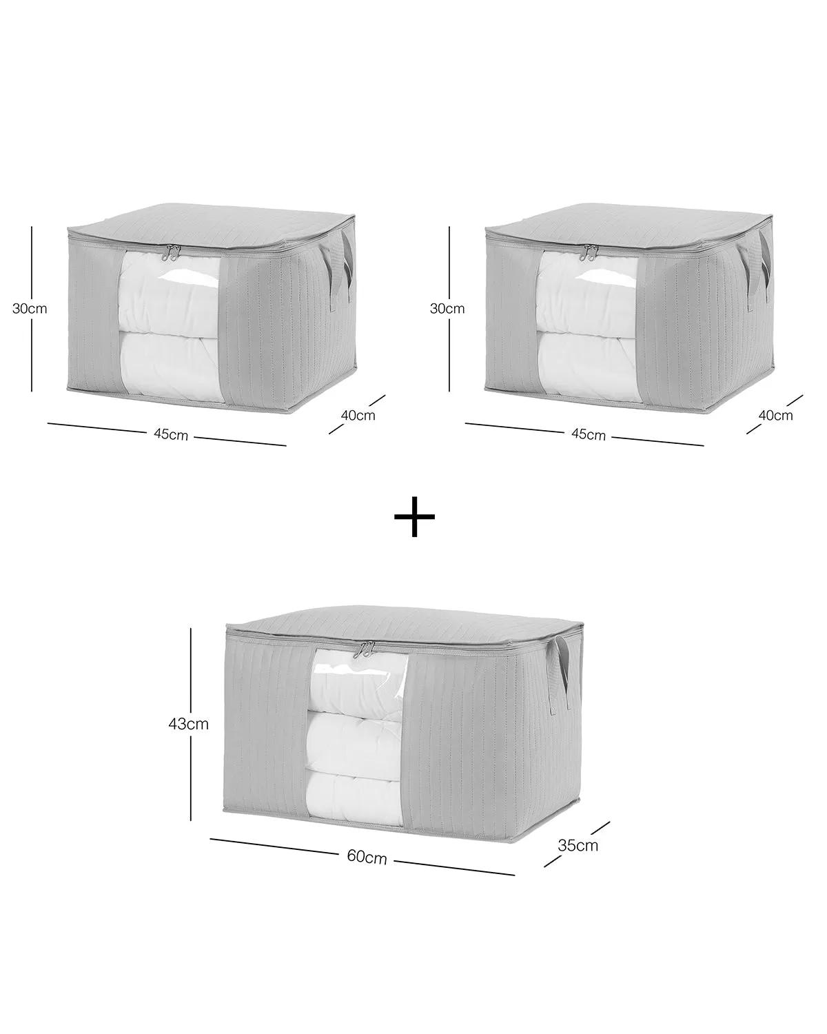 Ocean Home Textile Storage Bag With Clear Window, Set Of 3, Quilted Pattern, Grey