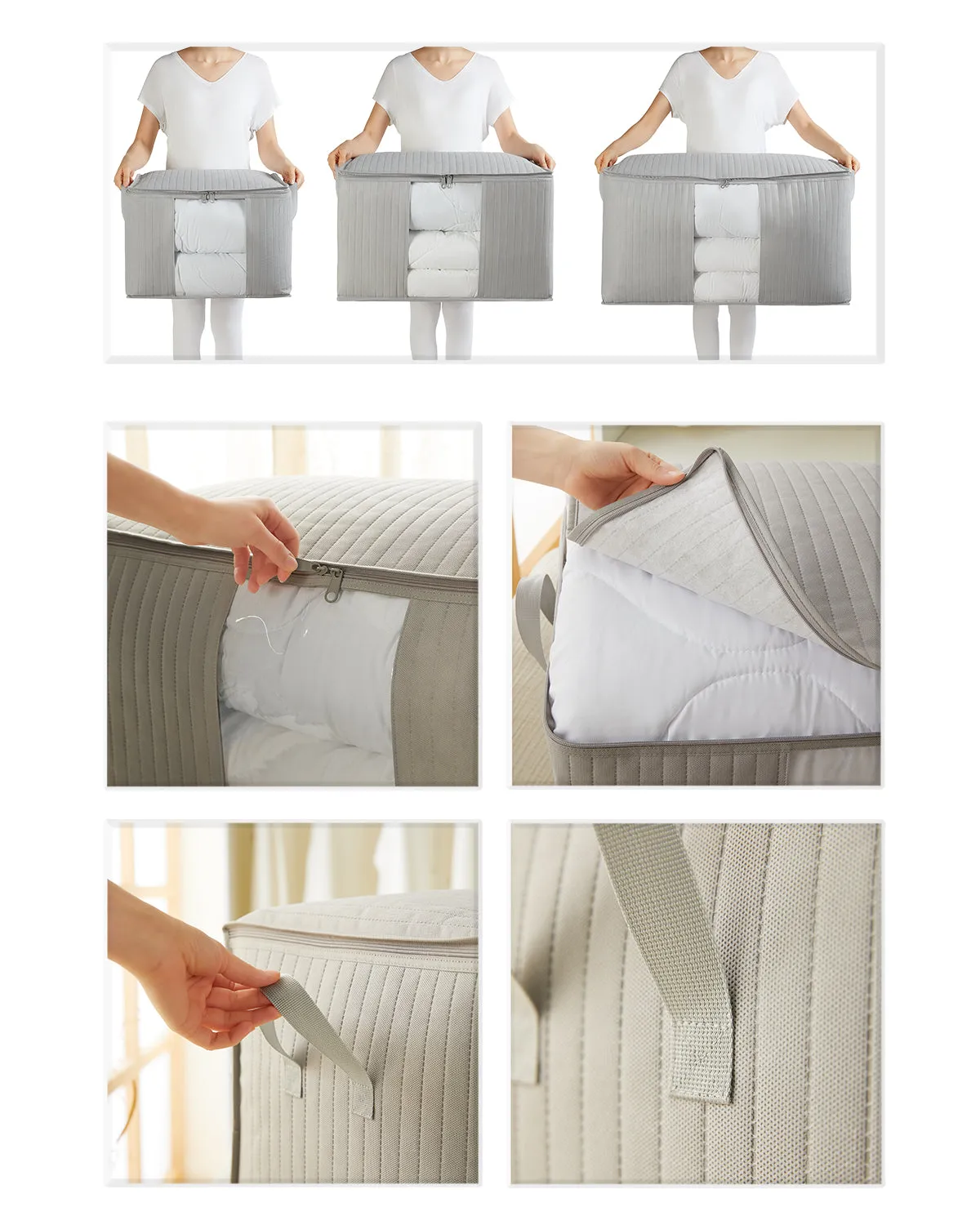 Ocean Home Textile Storage Bag With Clear Window, Set Of 3, Quilted Pattern, Grey