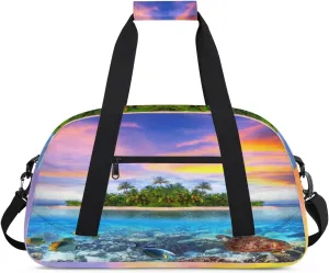 Ocean Sea Turtle Gym Duffel Bag for Men Women Palm Tree Sports Tote Bag with Adjustable Shoulder Strap for Dance Gymnastics Traveling Outdoor Camping Overnight Stay