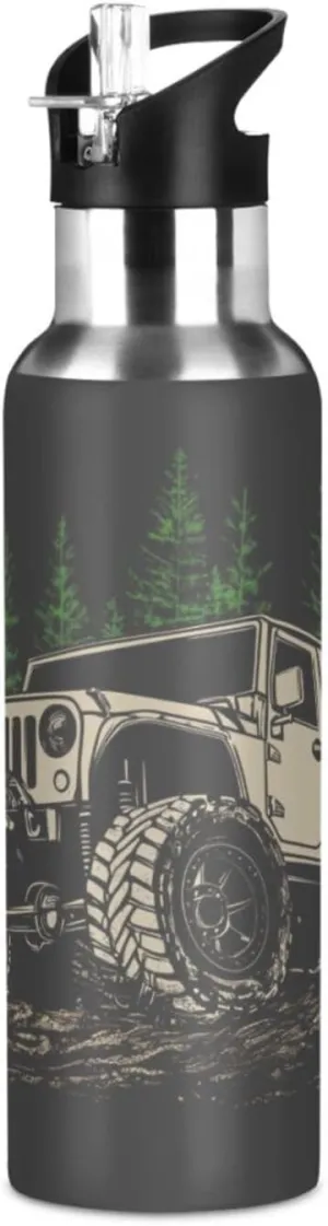 Off-road Car Green Forest Water Bottle Kids Boys Girls Insulated Stainless Steel Water Bottles with Straw Lid Leakproof Water Flask for Sports 20 oz