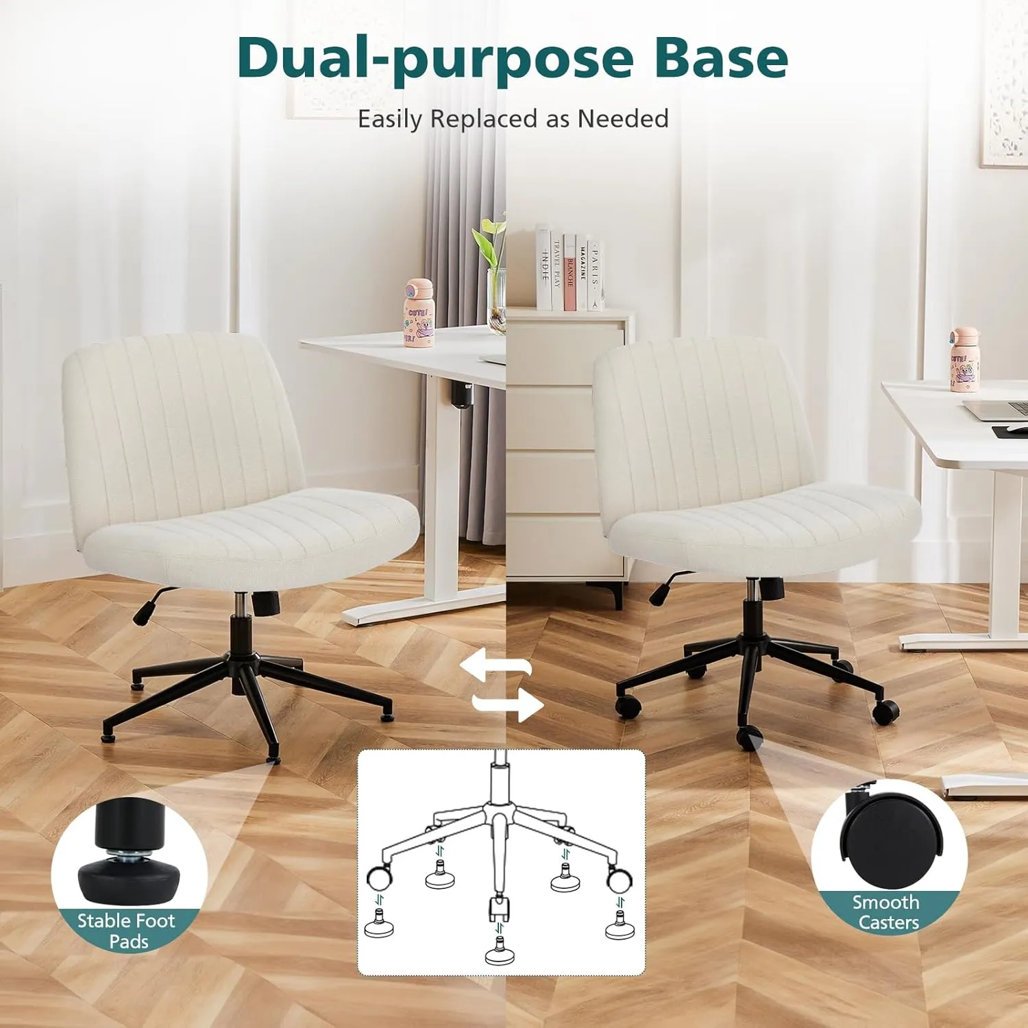 OLIXIS Criss Cross Legged Chairs Armless with Wheels Wide Seat Height Adjustable Swivel Padded Home Office Desk Seating for Bedroom, Student, Study Room