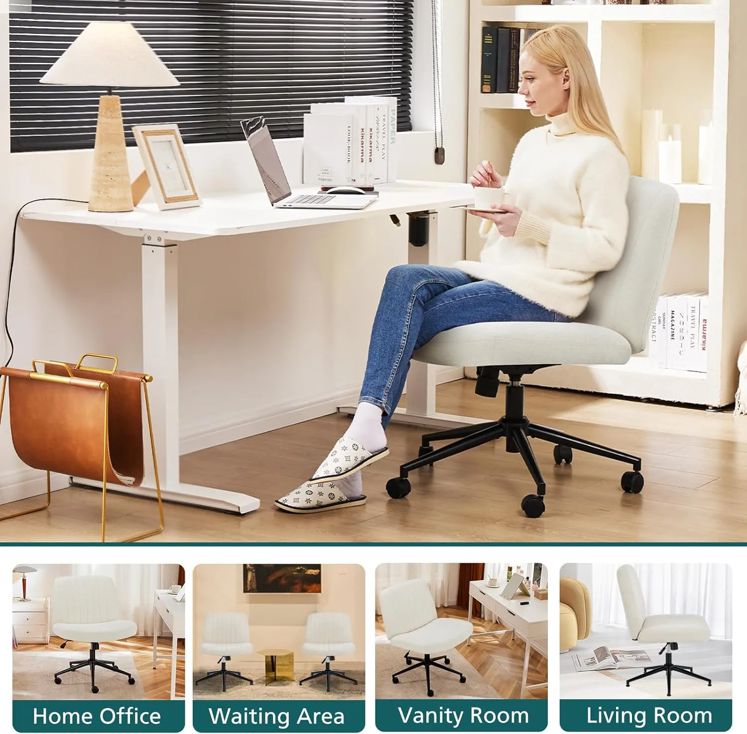 OLIXIS Criss Cross Legged Chairs Armless with Wheels Wide Seat Height Adjustable Swivel Padded Home Office Desk Seating for Bedroom, Student, Study Room