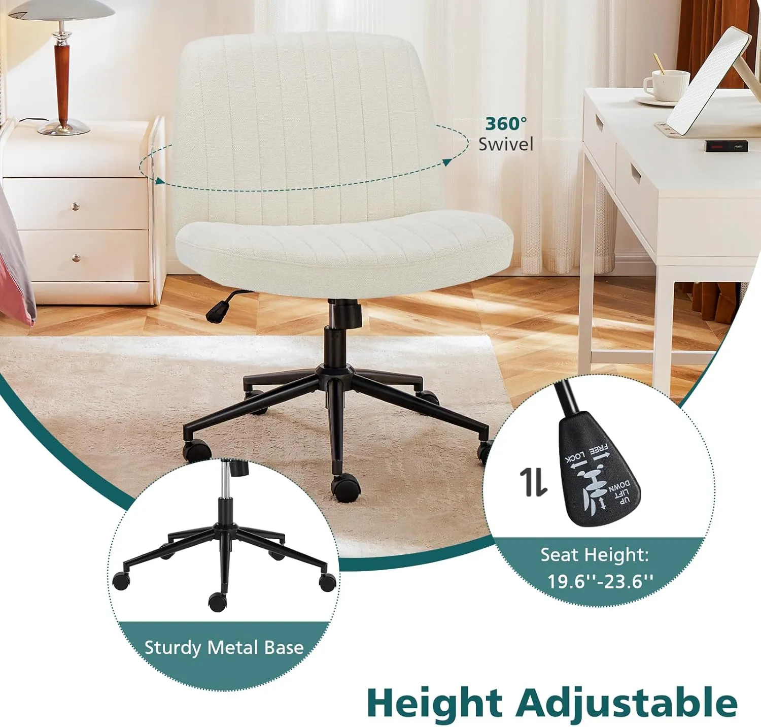OLIXIS Criss Cross Legged Chairs Armless with Wheels Wide Seat Height Adjustable Swivel Padded Home Office Desk Seating for Bedroom, Student, Study Room