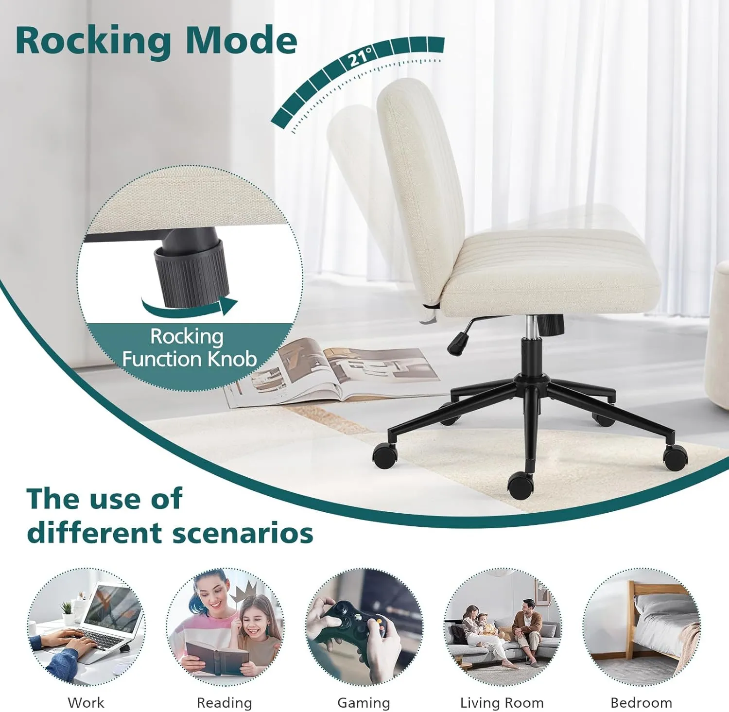 OLIXIS Criss Cross Legged Chairs Armless with Wheels Wide Seat Height Adjustable Swivel Padded Home Office Desk Seating for Bedroom, Student, Study Room