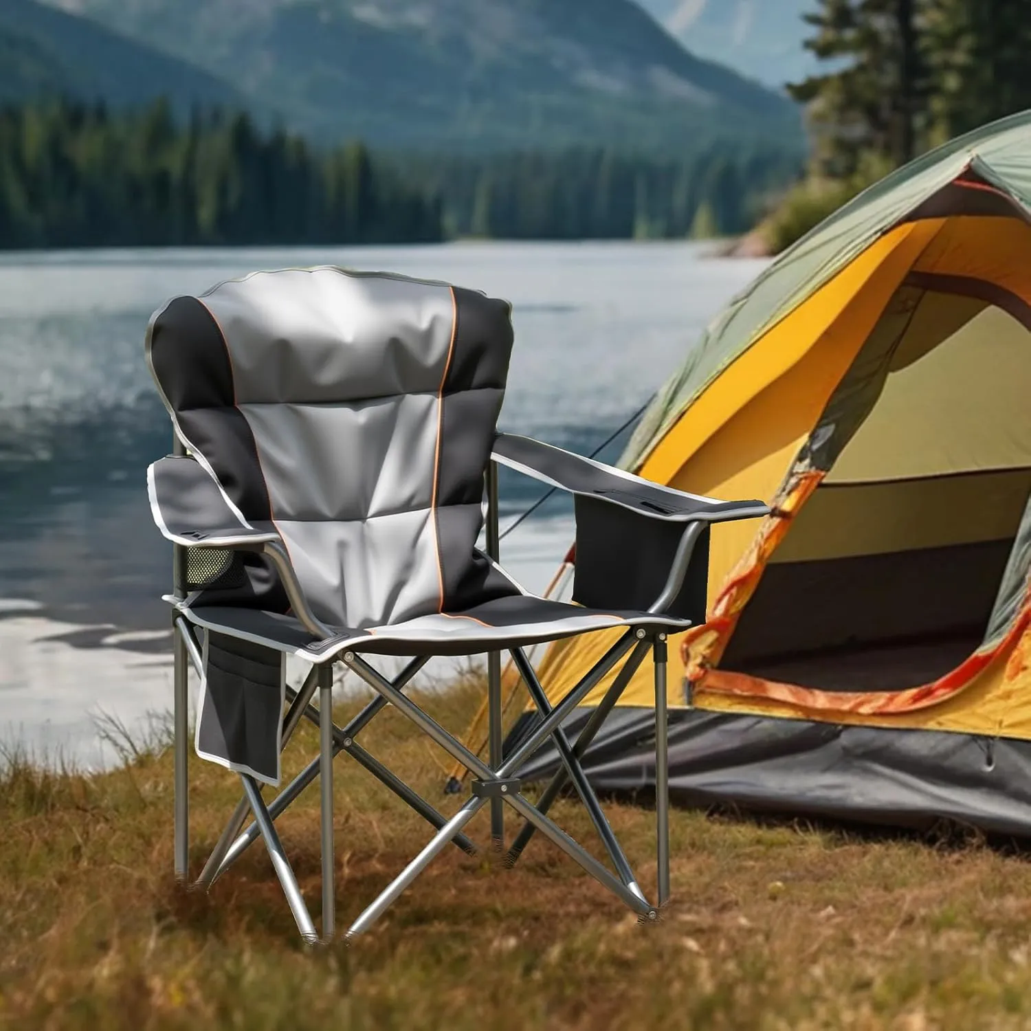 OLIXIS Heavy Duty Camping Chairs 450lbs Capacity Portable Folding Chair with Cup Holder and Cooler Bag,Sturdy Steel Frame Outdoor Chair for Backyard,Beach,Fishing
