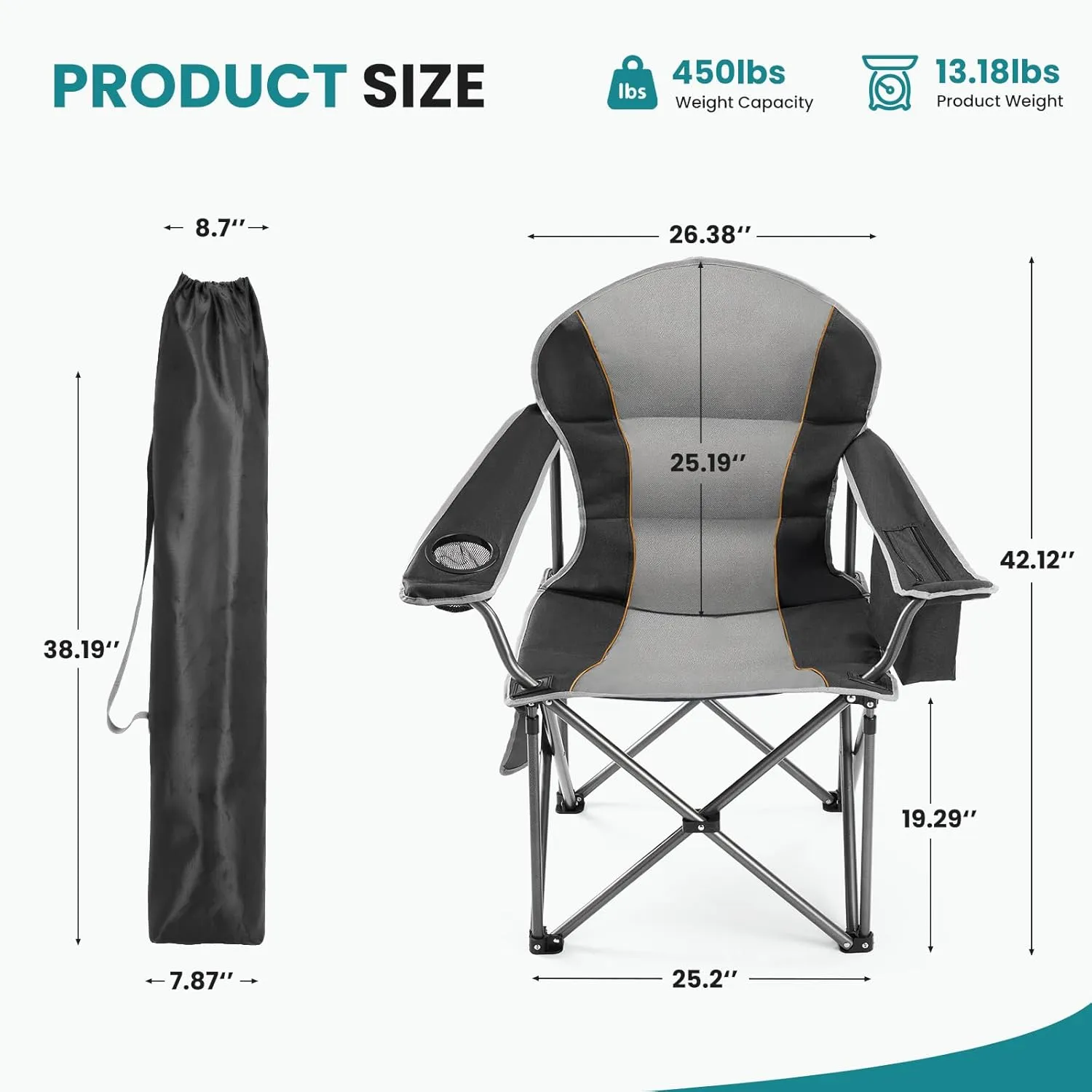 OLIXIS Heavy Duty Camping Chairs 450lbs Capacity Portable Folding Chair with Cup Holder and Cooler Bag,Sturdy Steel Frame Outdoor Chair for Backyard,Beach,Fishing