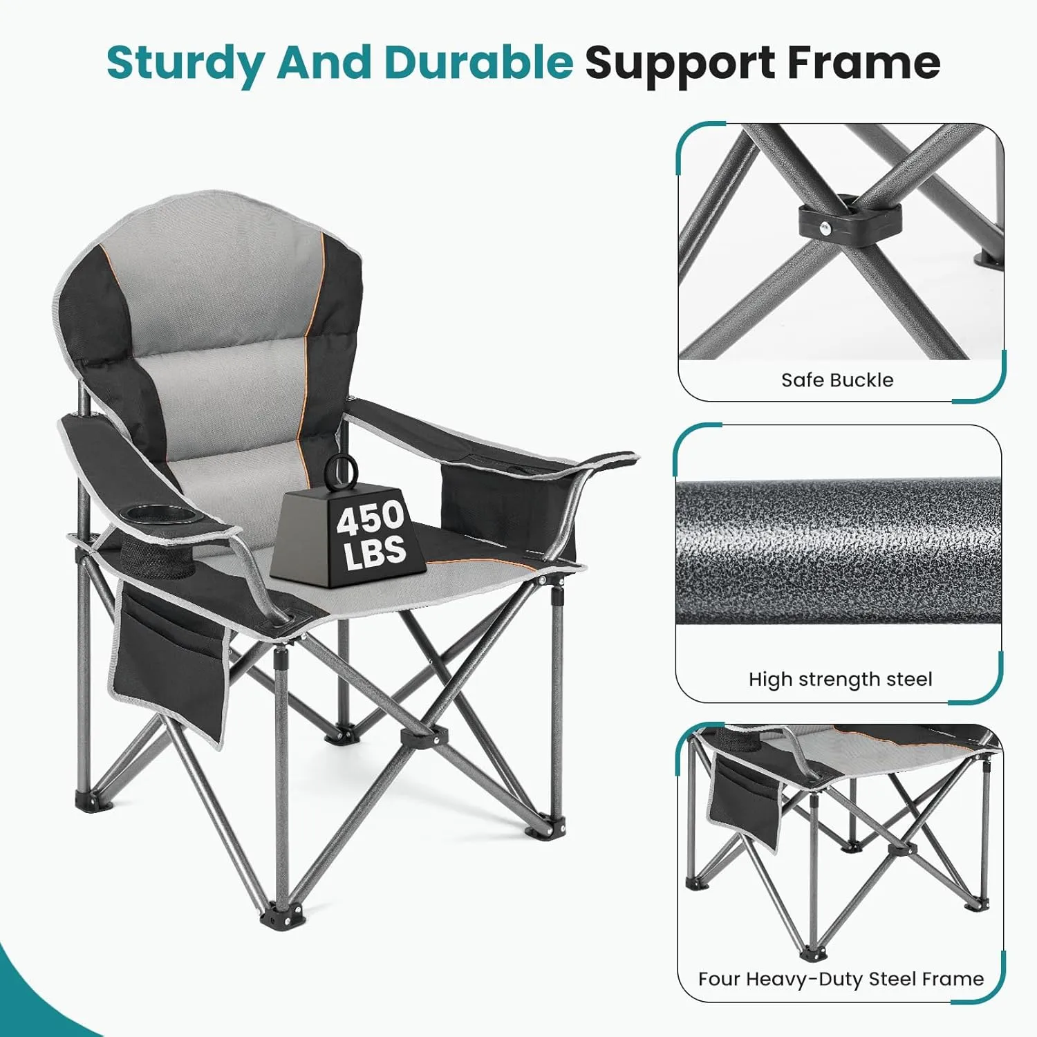 OLIXIS Heavy Duty Camping Chairs 450lbs Capacity Portable Folding Chair with Cup Holder and Cooler Bag,Sturdy Steel Frame Outdoor Chair for Backyard,Beach,Fishing