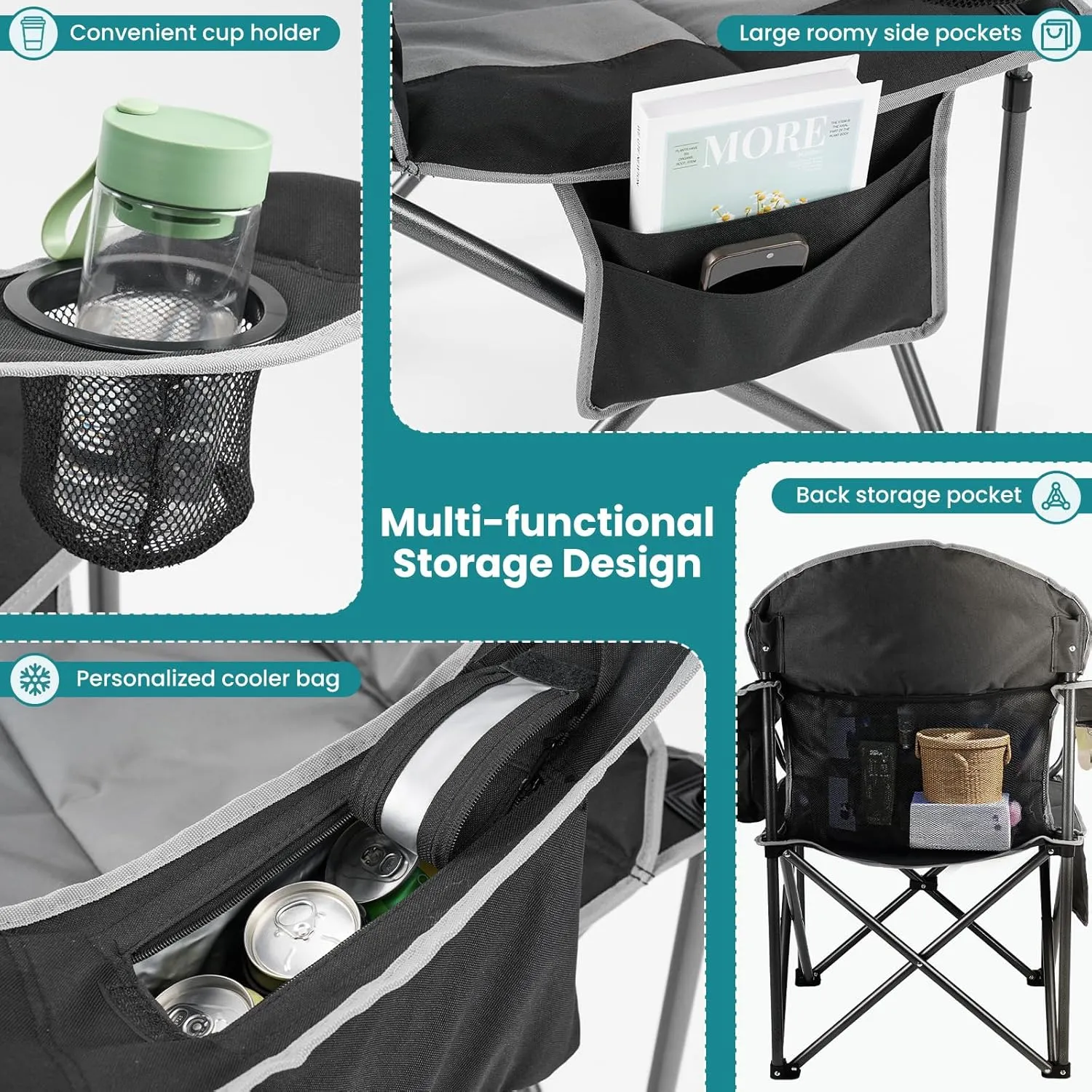 OLIXIS Heavy Duty Camping Chairs 450lbs Capacity Portable Folding Chair with Cup Holder and Cooler Bag,Sturdy Steel Frame Outdoor Chair for Backyard,Beach,Fishing