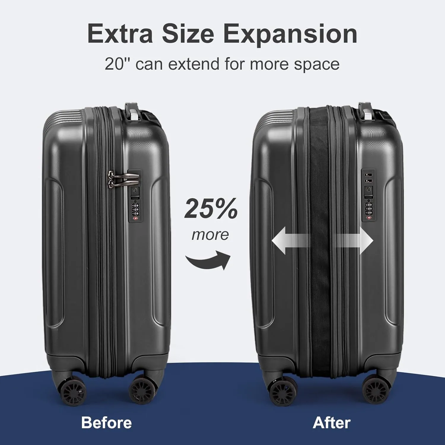 OmySalon Luggage Sets 2 Pieces Airline Approved, 14'' Carry-On Suitcase & 20'' PC ABS Hardshell Luggage w/ 360° Spinner Silent Wheels, TSA Lock, Expandable Lightweight Suitcase Sets (Black)