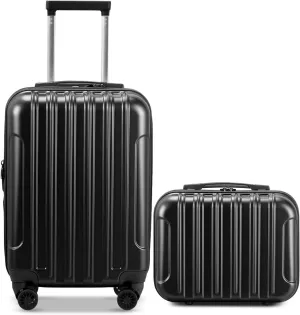 OmySalon Luggage Sets 2 Pieces Airline Approved, 14'' Carry-On Suitcase & 20'' PC ABS Hardshell Luggage w/ 360° Spinner Silent Wheels, TSA Lock, Expandable Lightweight Suitcase Sets (Black)
