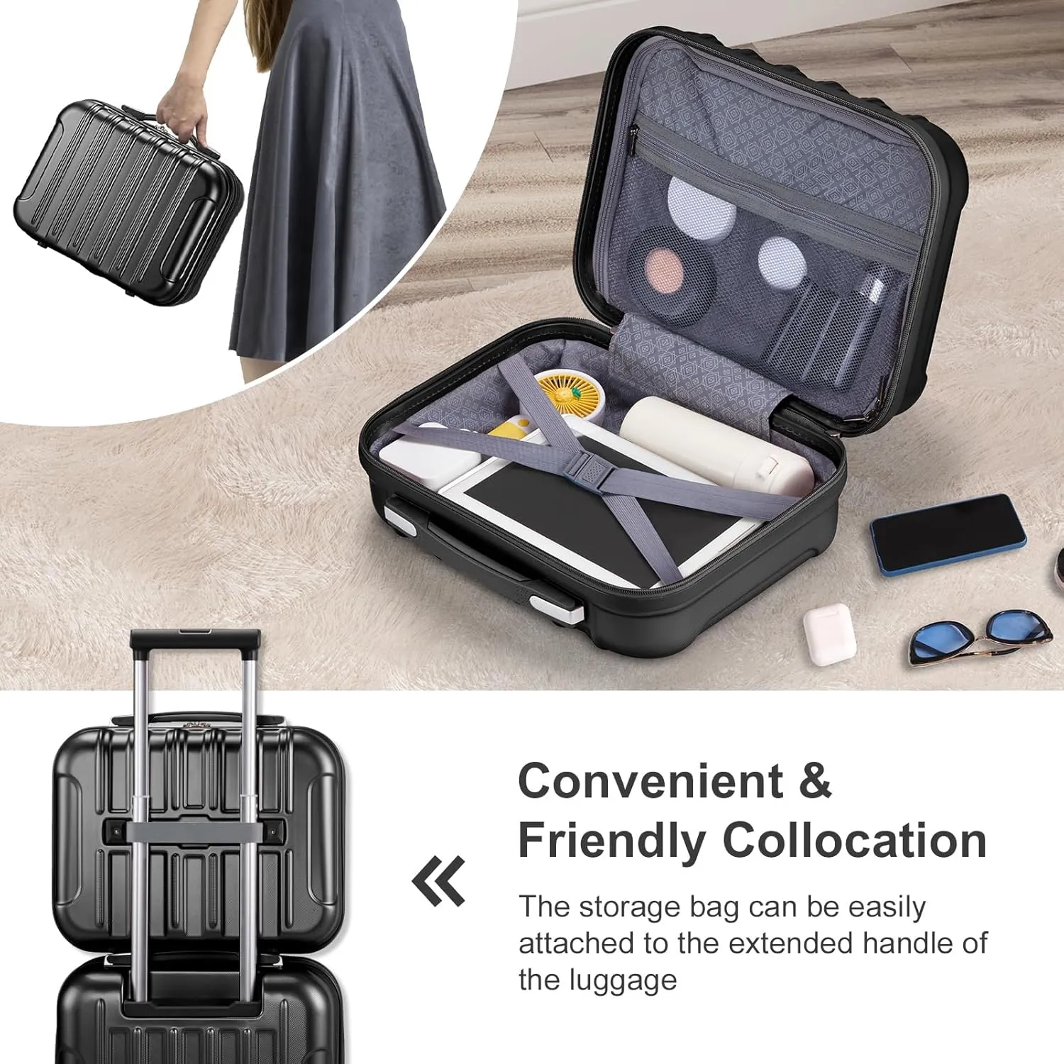 OmySalon Luggage Sets 2 Pieces Airline Approved, 14'' Carry-On Suitcase & 20'' PC ABS Hardshell Luggage w/ 360° Spinner Silent Wheels, TSA Lock, Expandable Lightweight Suitcase Sets (Black)