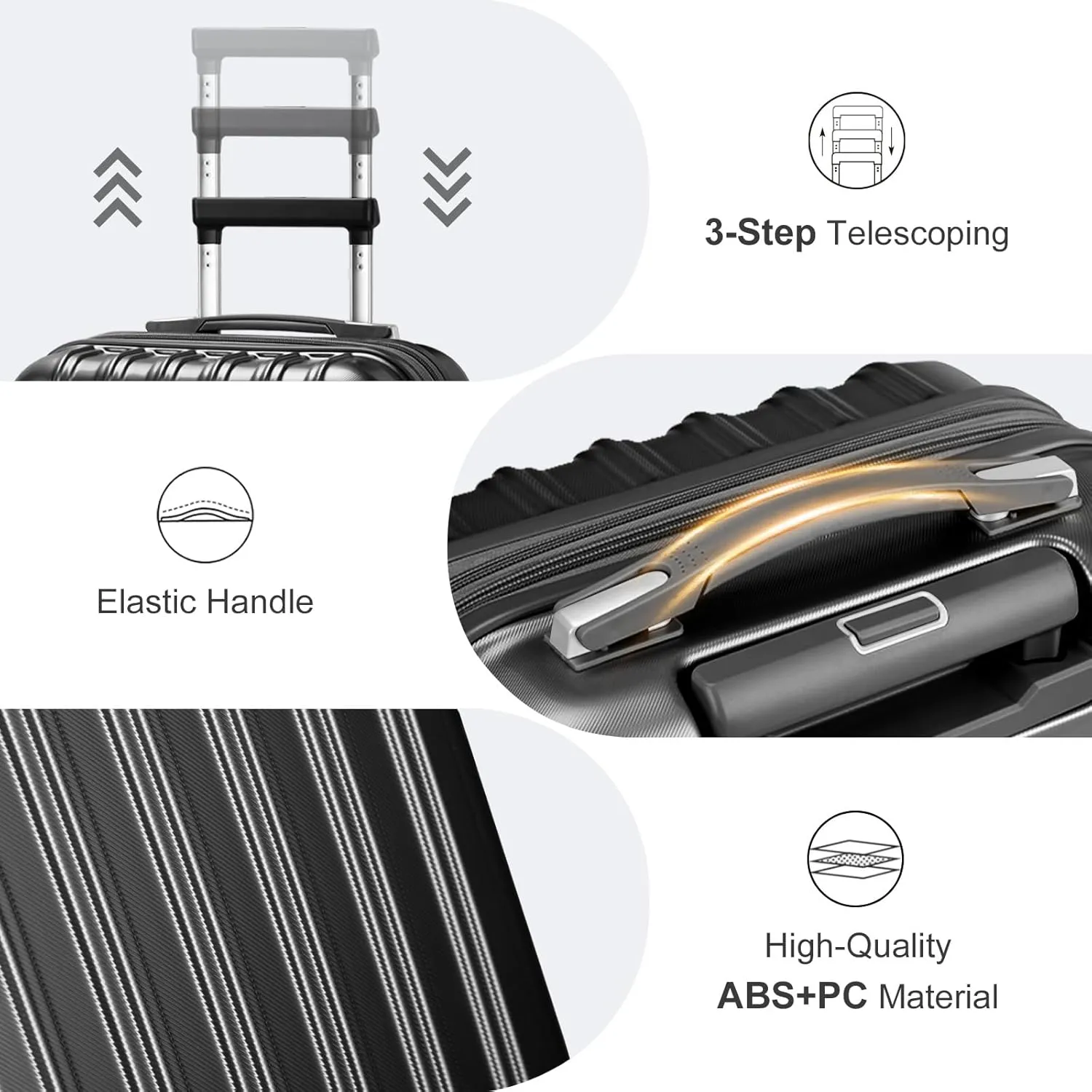 OmySalon Luggage Sets 2 Pieces Airline Approved, 14'' Carry-On Suitcase & 20'' PC ABS Hardshell Luggage w/ 360° Spinner Silent Wheels, TSA Lock, Expandable Lightweight Suitcase Sets (Black)