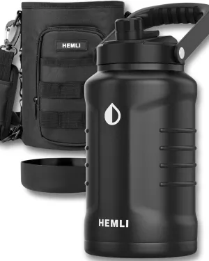 One Gallon Insulated Stainless Steel Water Bottle, 128 oz Jug, Triple-Walled Vacuum-Sealed Beer Growler, with Carrying Case (New Black)