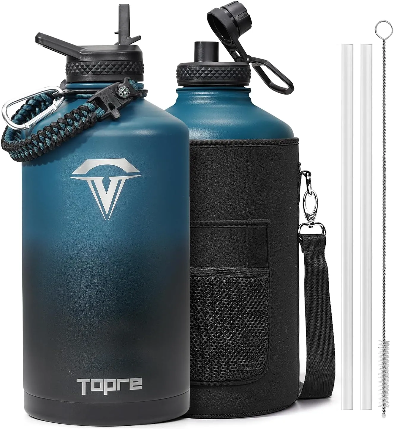 One Gallon Water Bottle,128oz Insulated Flask Stainless Steel Vacuum, Cold for 48 Hrs,BPA-Free & Leakproof -with Paracord Handle,Strap,Straw Spout Lids,Large Jug for Gym Sports,Indigo Black