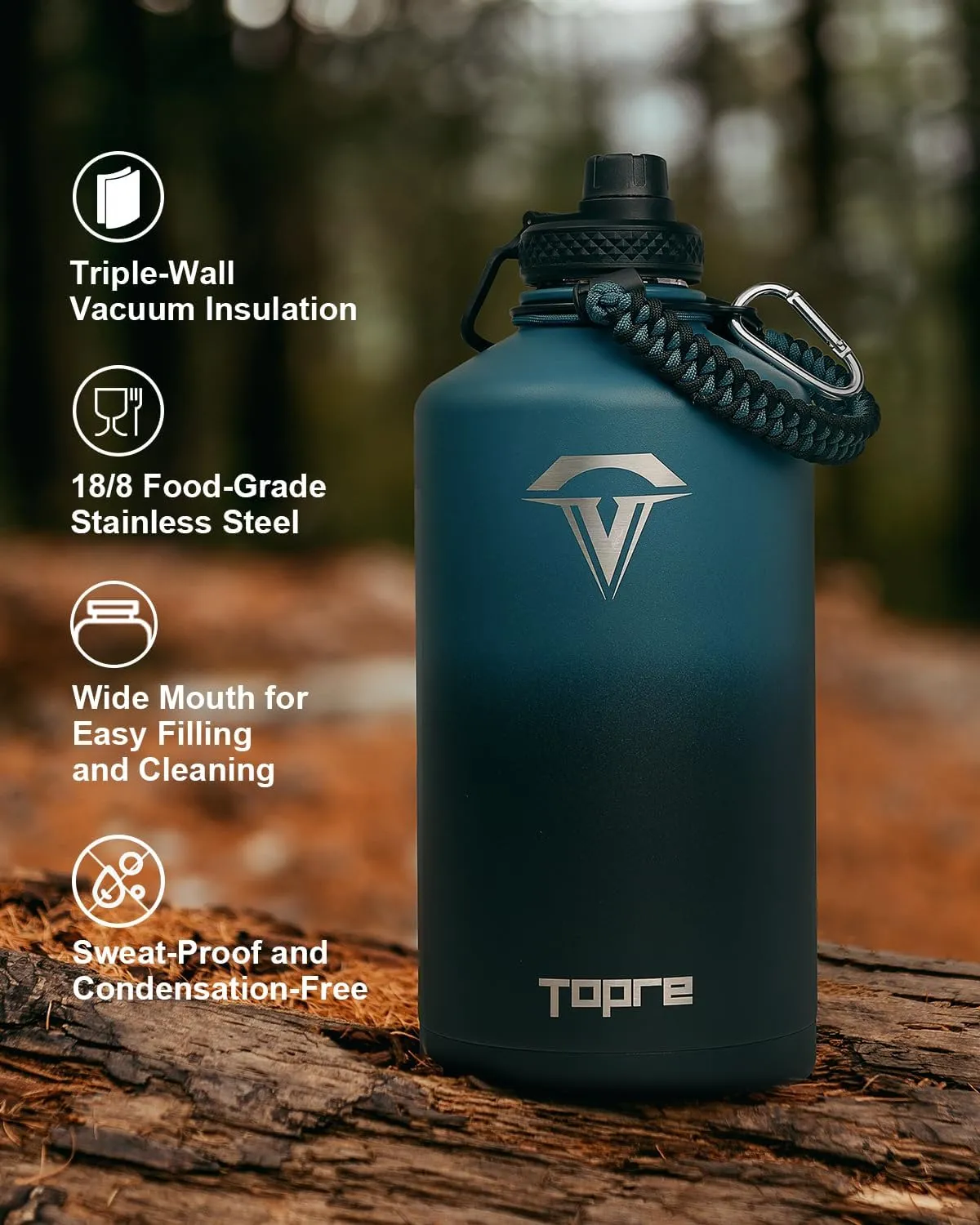 One Gallon Water Bottle,128oz Insulated Flask Stainless Steel Vacuum, Cold for 48 Hrs,BPA-Free & Leakproof -with Paracord Handle,Strap,Straw Spout Lids,Large Jug for Gym Sports,Indigo Black