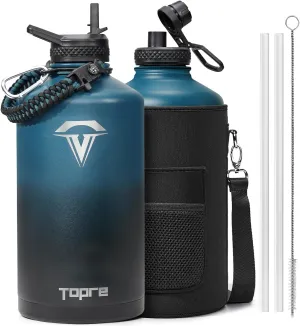 One Gallon Water Bottle,128oz Insulated Flask Stainless Steel Vacuum, Cold for 48 Hrs,BPA-Free & Leakproof -with Paracord Handle,Strap,Straw Spout Lids,Large Jug for Gym Sports,Indigo Black